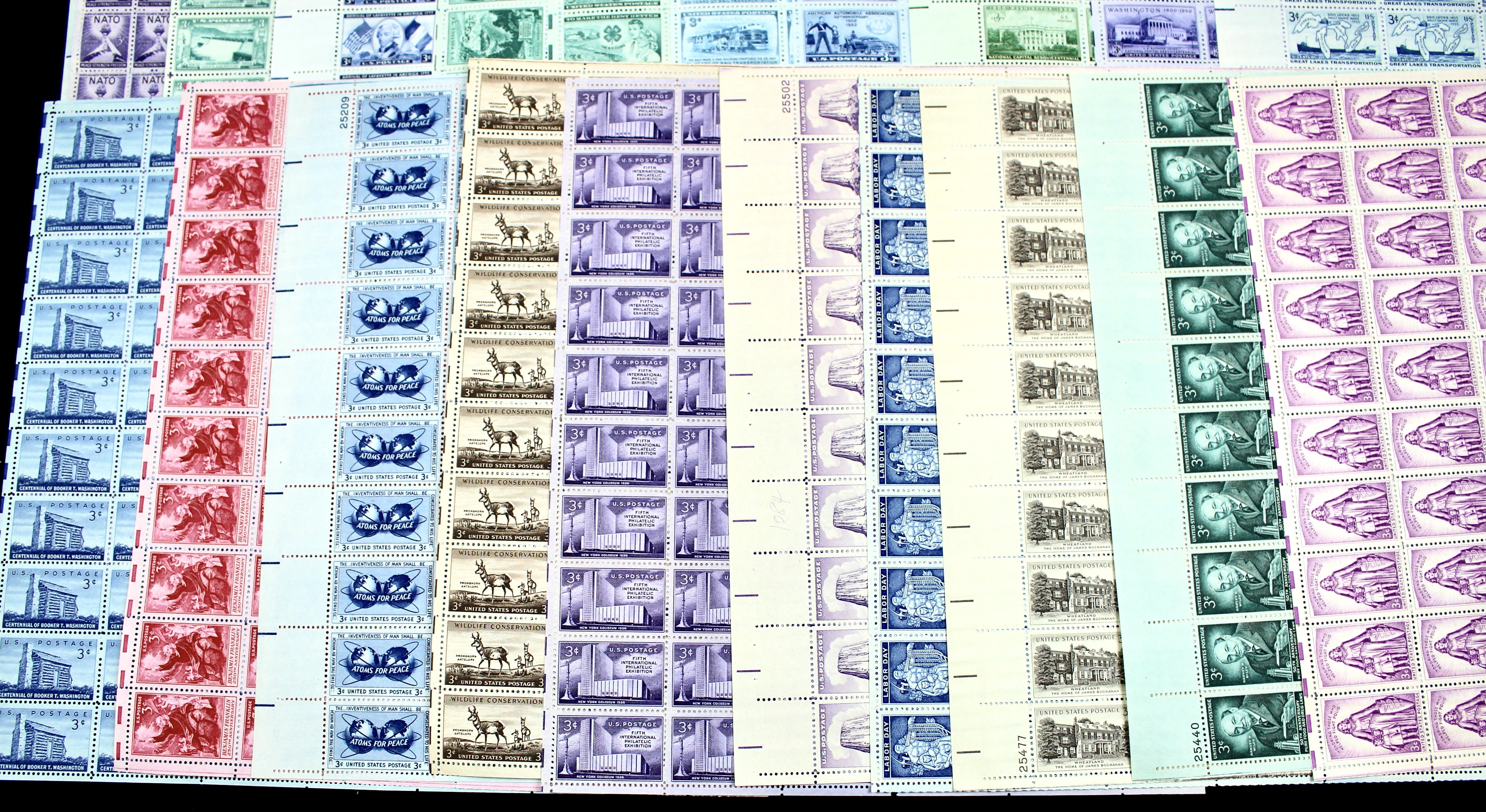 Sixty-Five Different U.S. 3-Cent Postage Stamp Sheets, 1940s-1950s