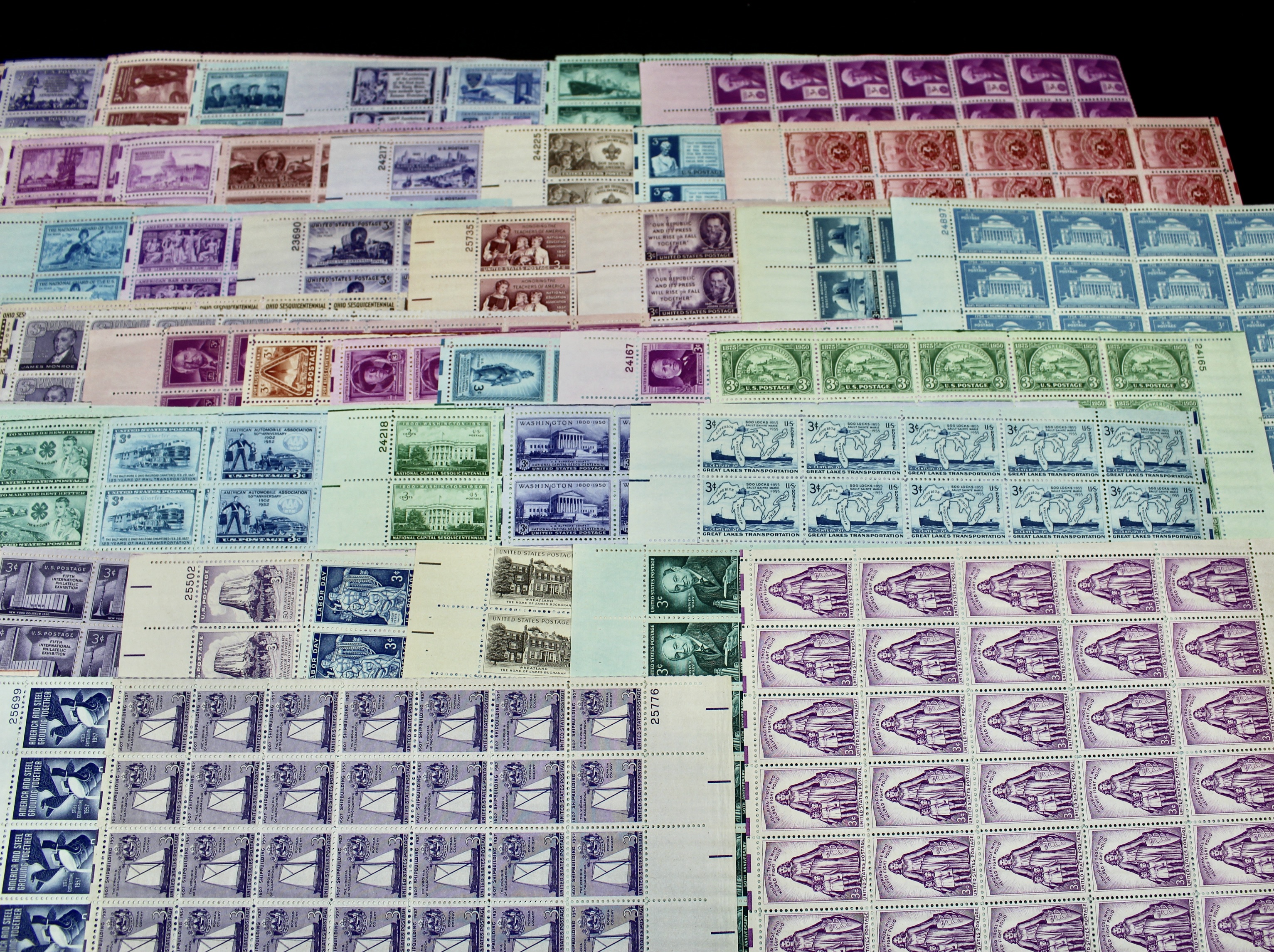 Sixty-Five Different U.S. 3-Cent Postage Stamp Sheets, 1940s-1950s