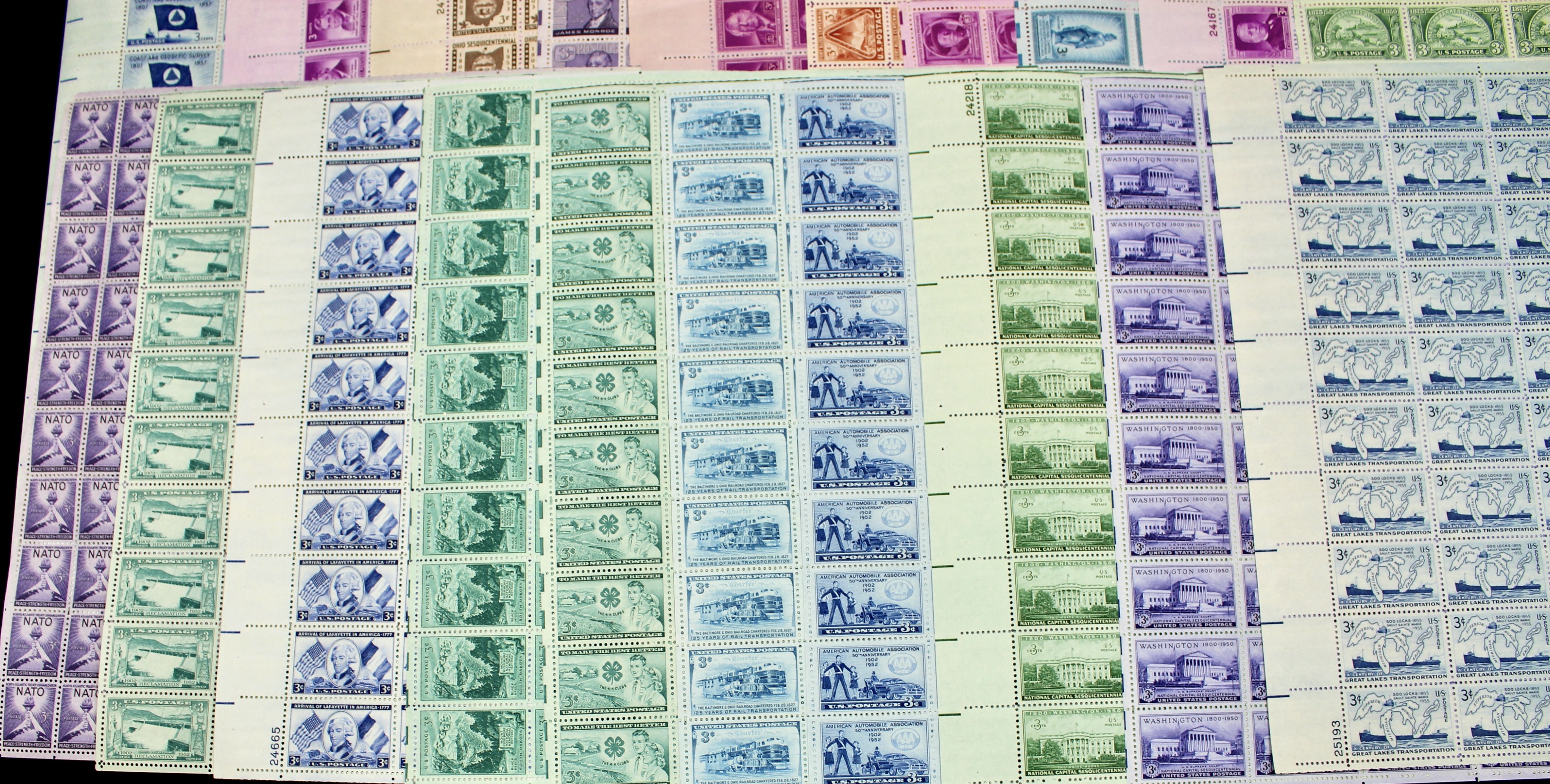 Sixty-Five Different U.S. 3-Cent Postage Stamp Sheets, 1940s-1950s
