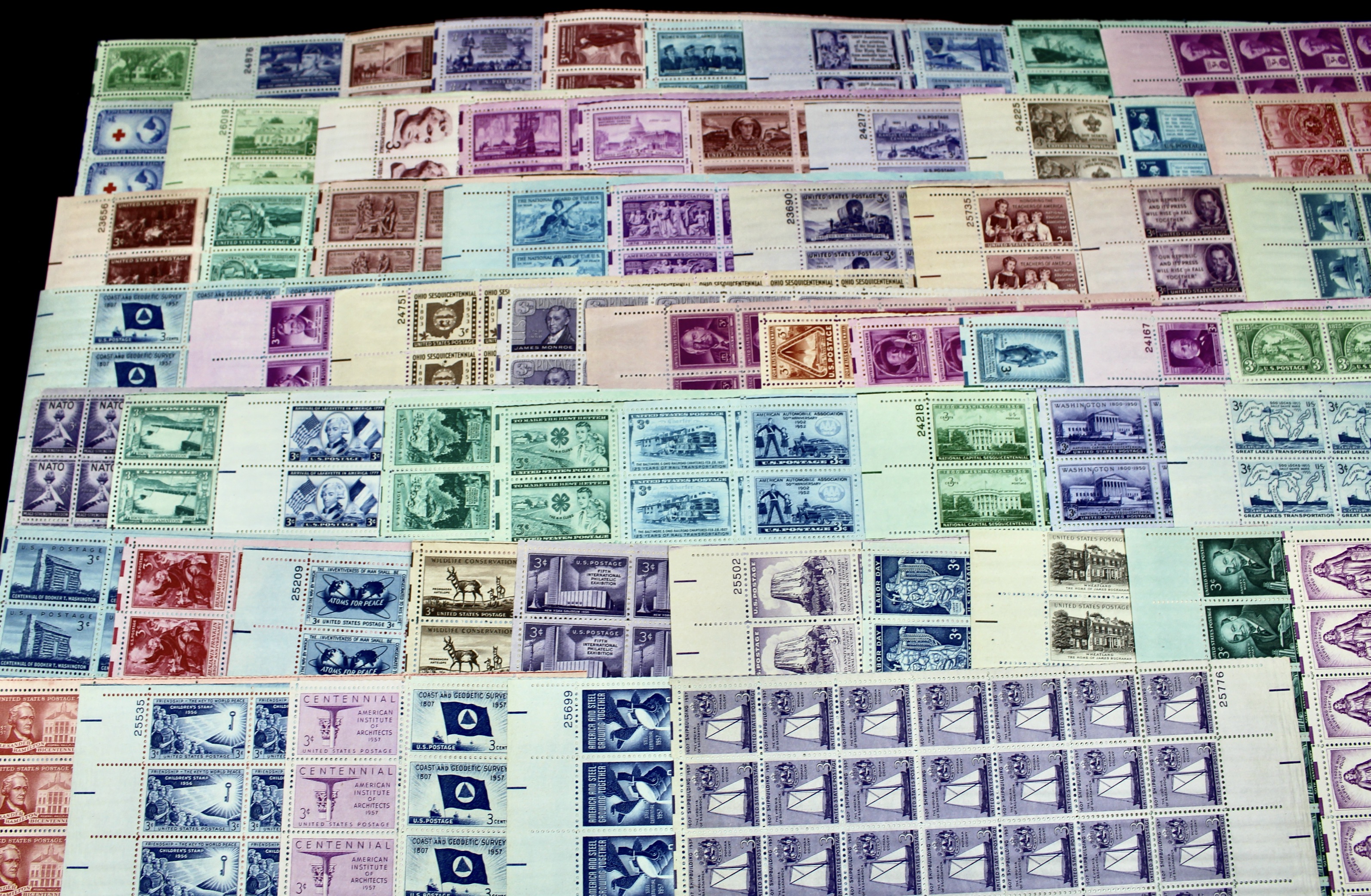 Sixty-Five Different U.S. 3-Cent Postage Stamp Sheets, 1940s-1950s