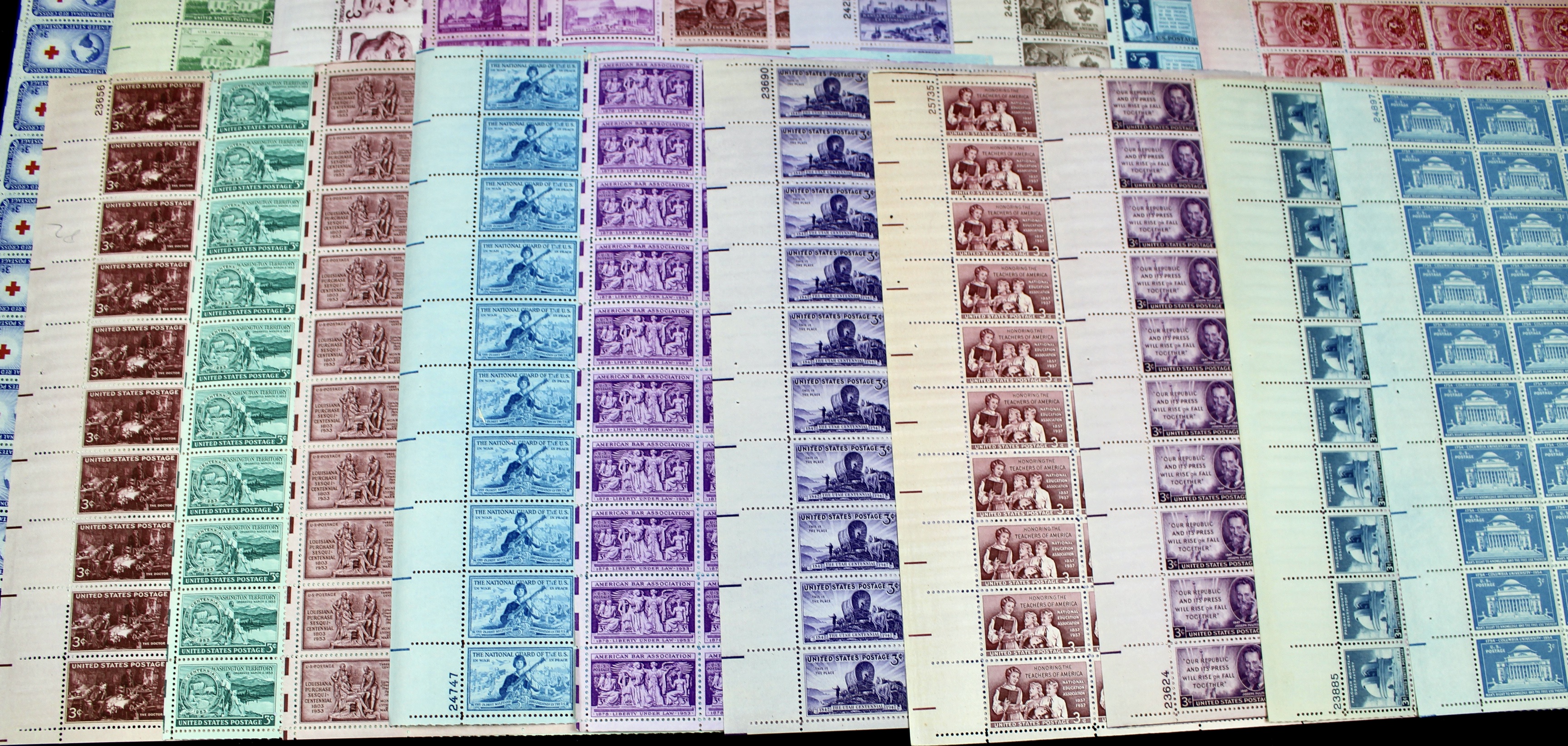 Sixty-Five Different U.S. 3-Cent Postage Stamp Sheets, 1940s-1950s