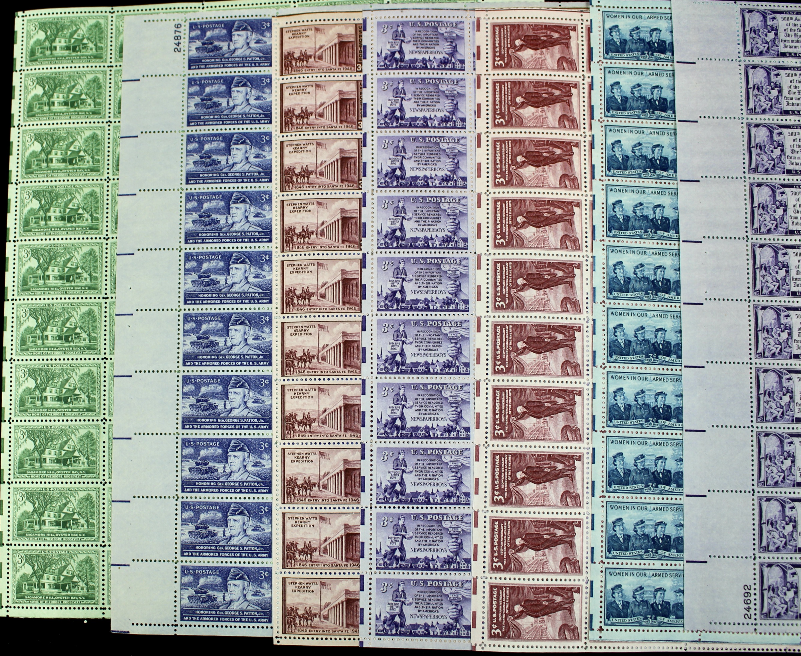 Sixty-Five Different U.S. 3-Cent Postage Stamp Sheets, 1940s-1950s