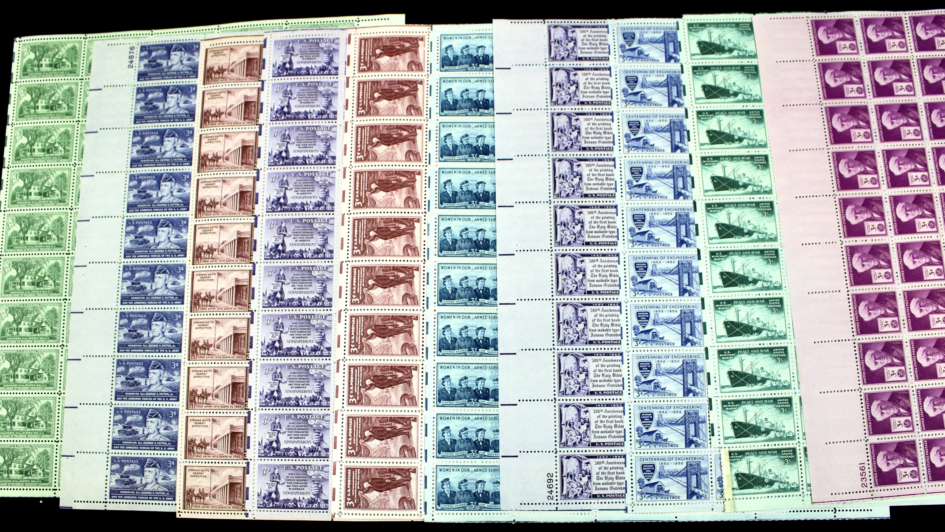 Sixty-Five Different U.S. 3-Cent Postage Stamp Sheets, 1940s-1950s