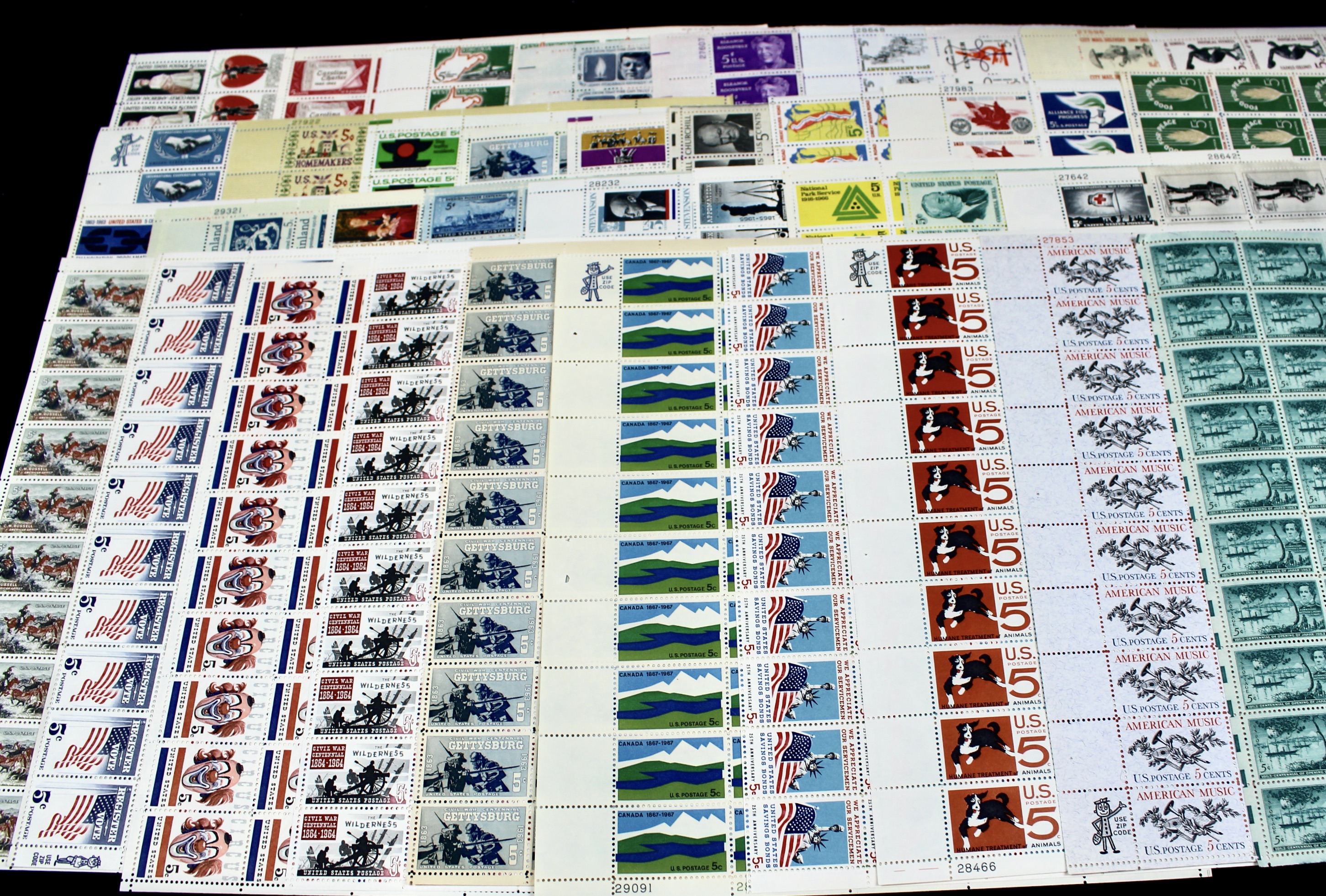 Forty-Seven Different U.S. 5-Cent Postage Stamp Sheets, 1950s-1960s