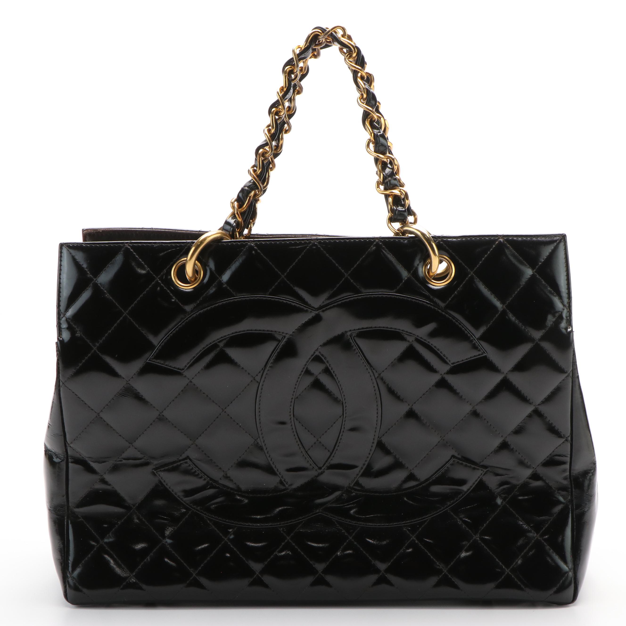 Chanel CC Chain Strap Tote Bag in Black Matelassé Patent Leather