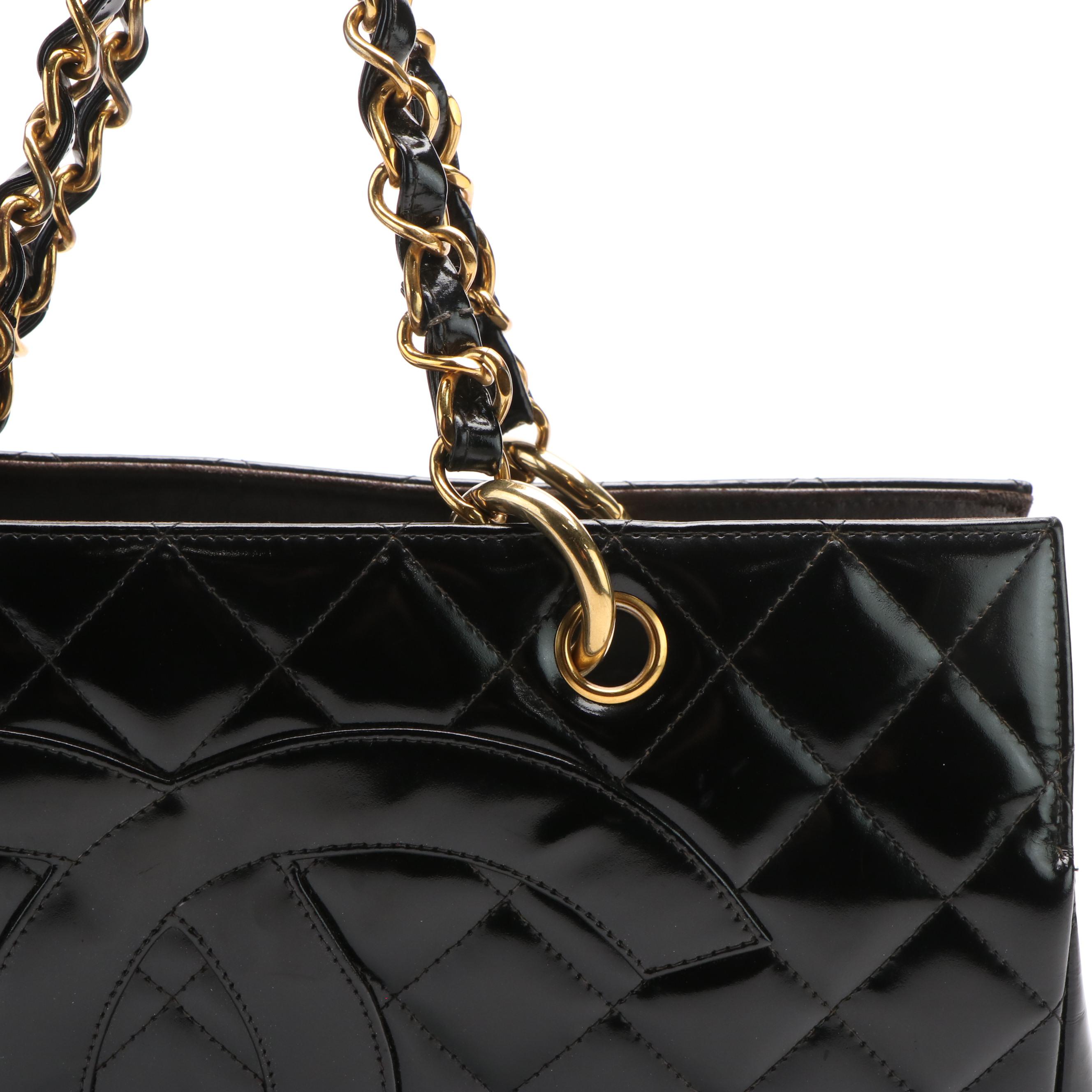 Chanel CC Chain Strap Tote Bag in Black Matelassé Patent Leather