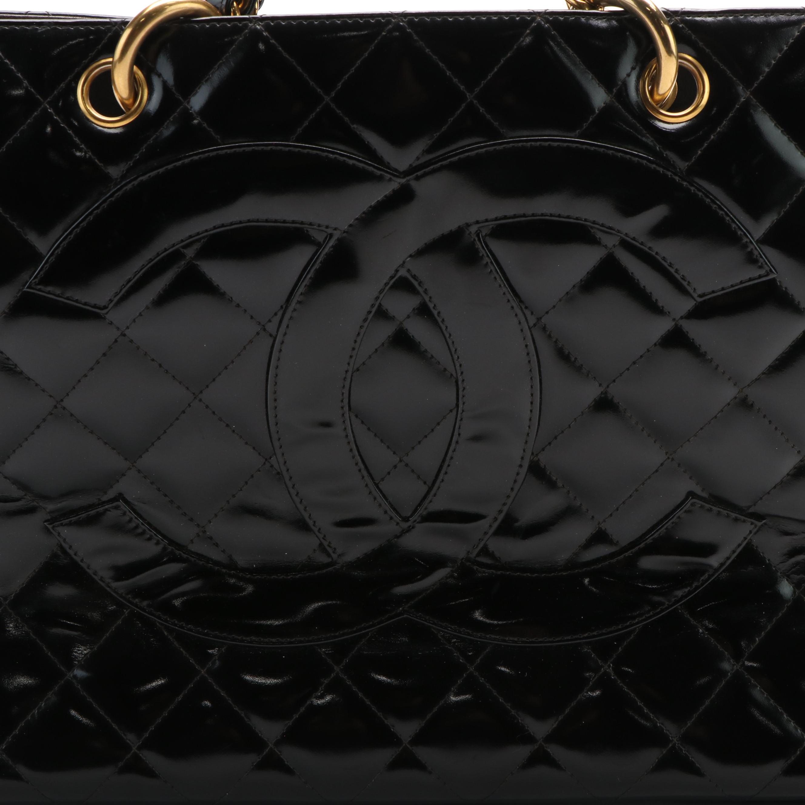 Chanel CC Chain Strap Tote Bag in Black Matelassé Patent Leather