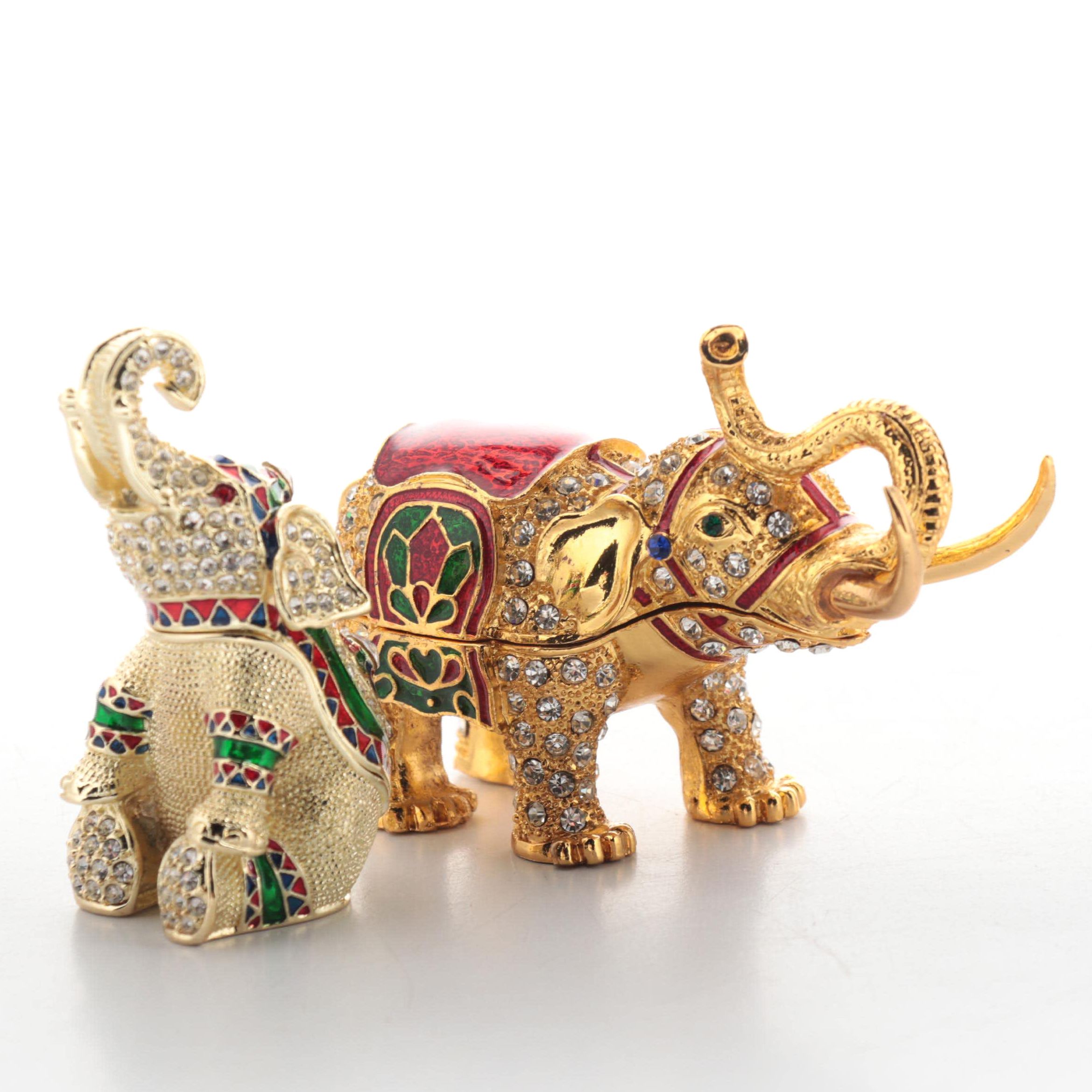 Enameled and Jeweled Metal Elephant-Shaped Boxes