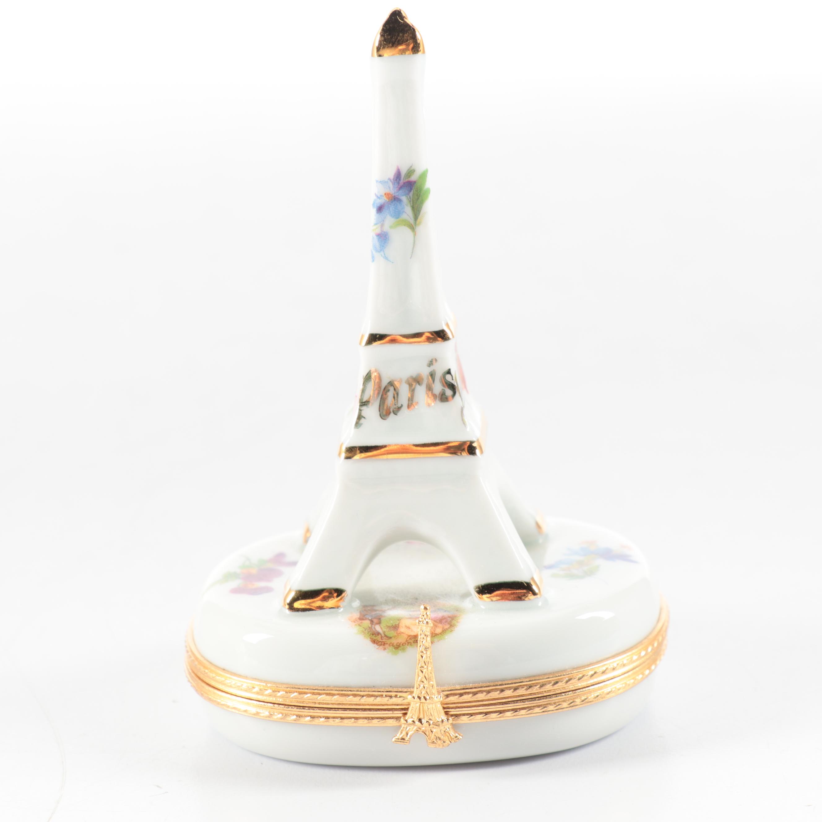 Travel Motif Luggage, Passport and Eiffel Tower Motif Limoges Boxes