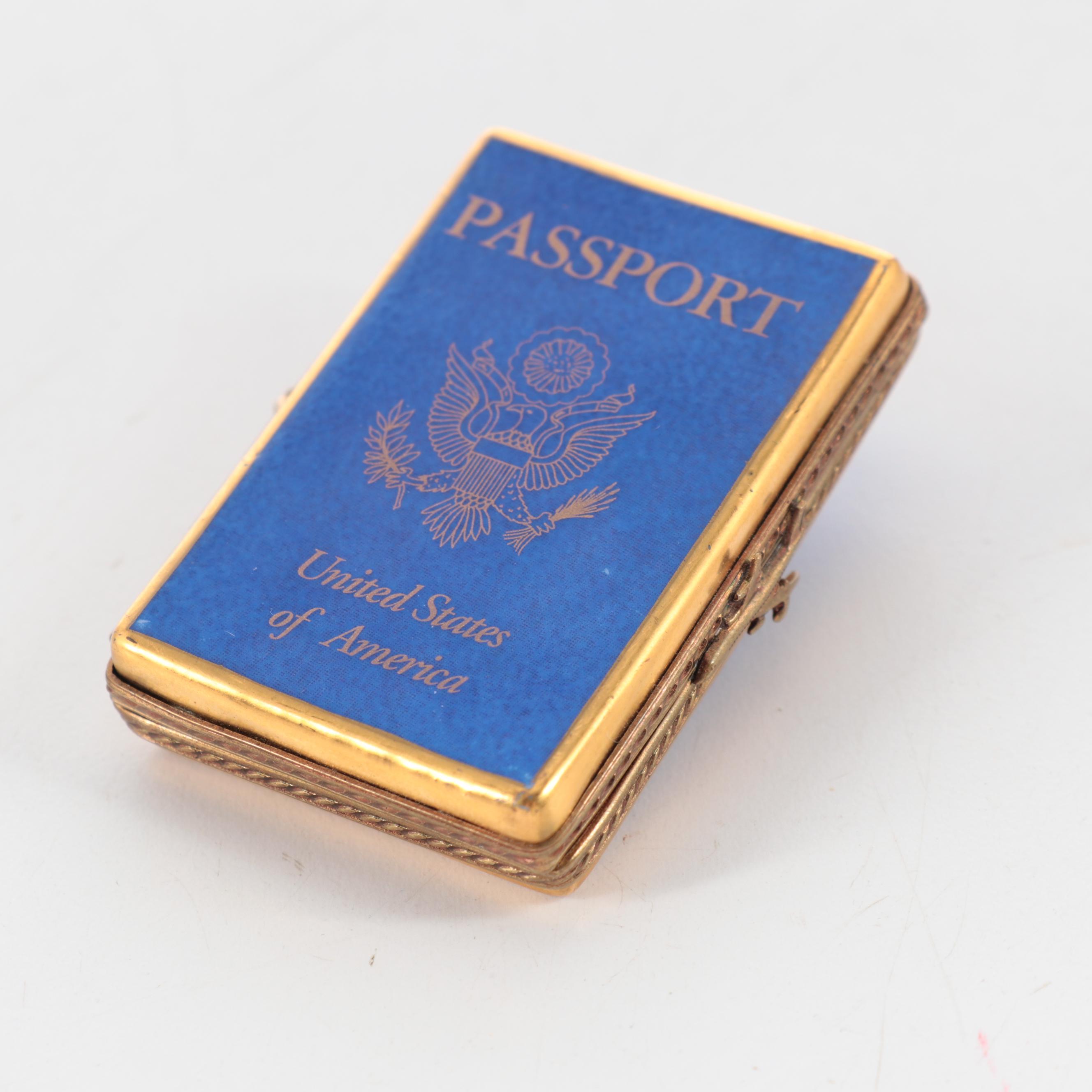 Travel Motif Luggage, Passport and Eiffel Tower Motif Limoges Boxes