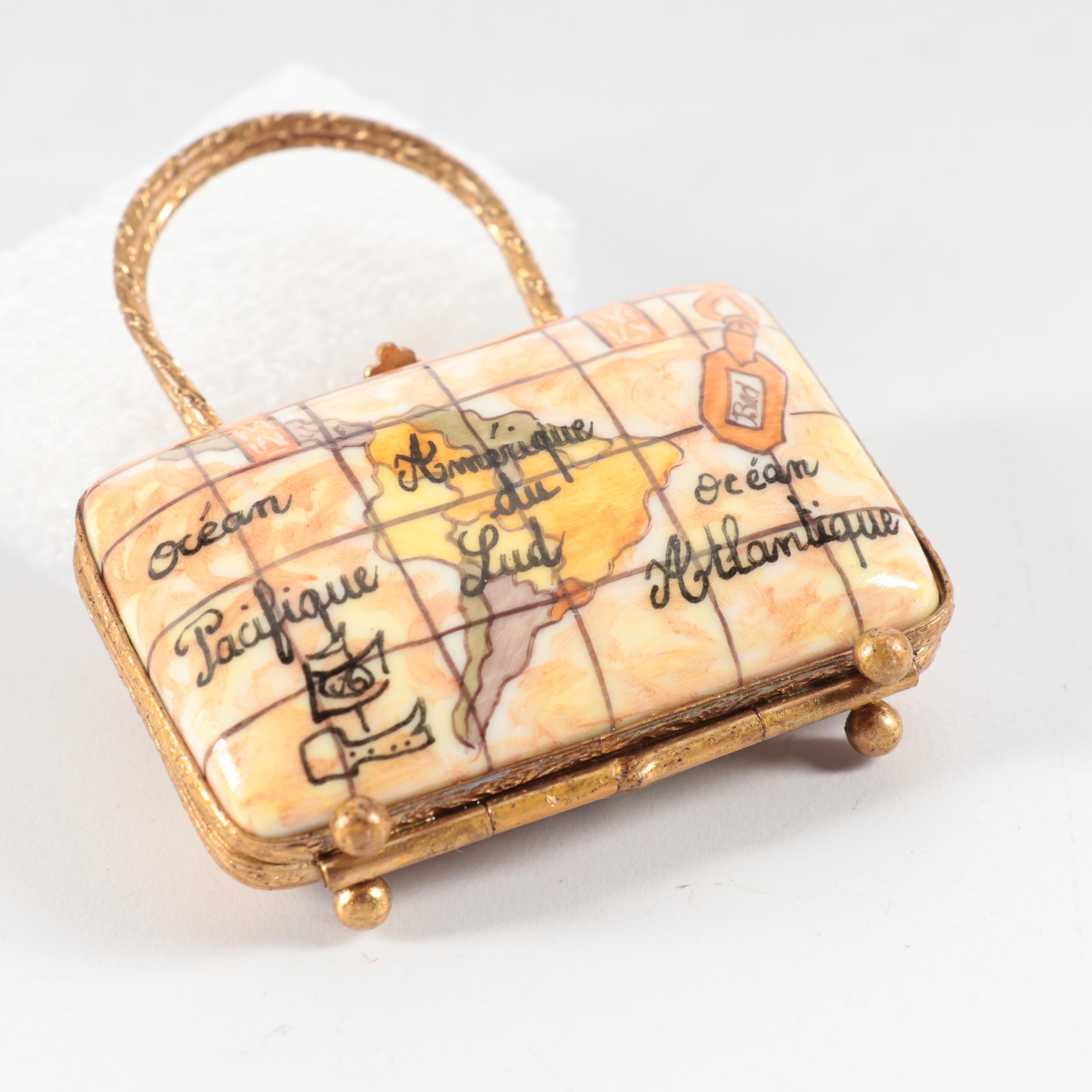 Travel Motif Luggage, Passport and Eiffel Tower Motif Limoges Boxes