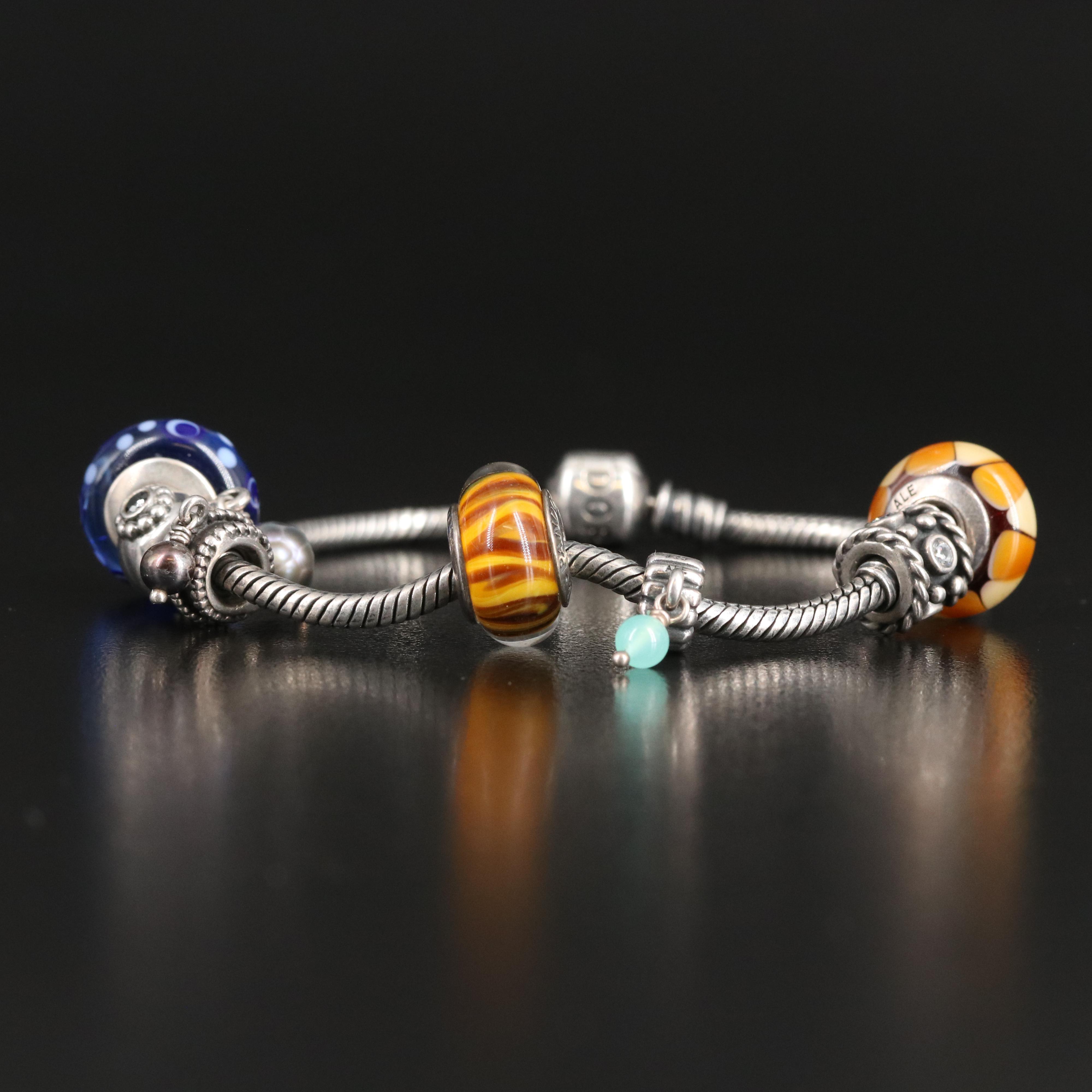 Pandora Sterling Charm Bracelet Including Chalcedony and Art Glass