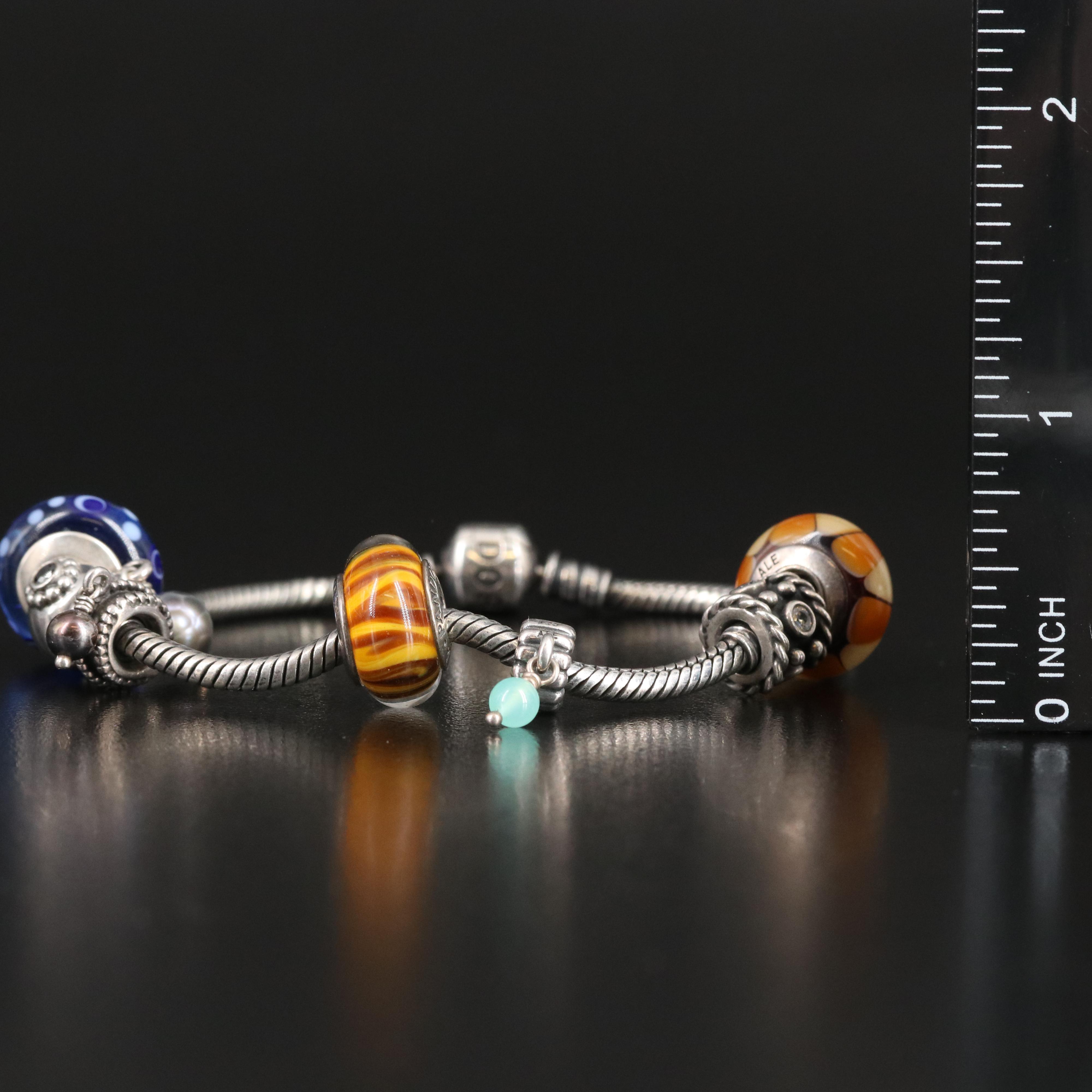 Pandora Sterling Charm Bracelet Including Chalcedony and Art Glass