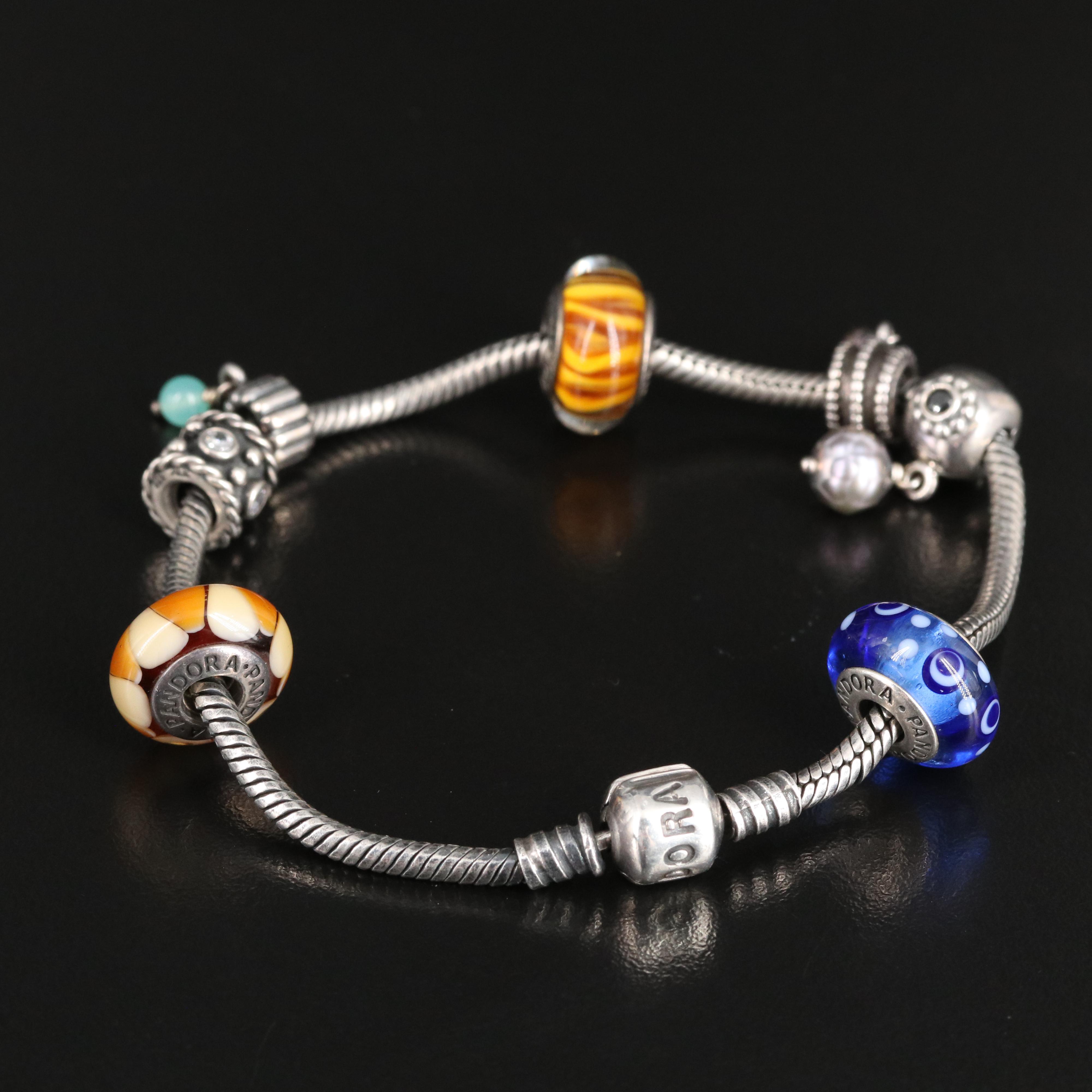 Pandora Sterling Charm Bracelet Including Chalcedony and Art Glass