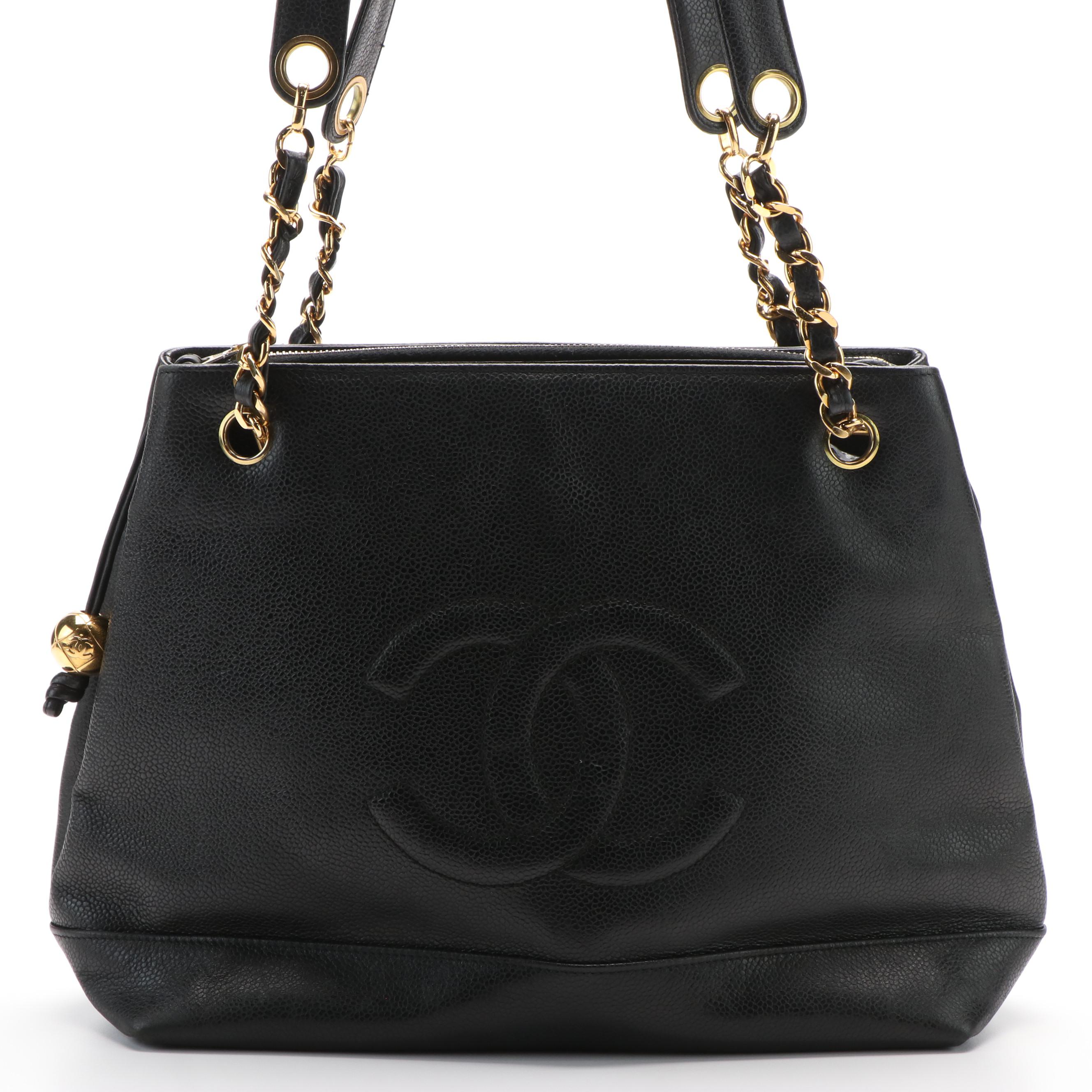 Chanel CC Black Cavier Leather Chain Tote Bag