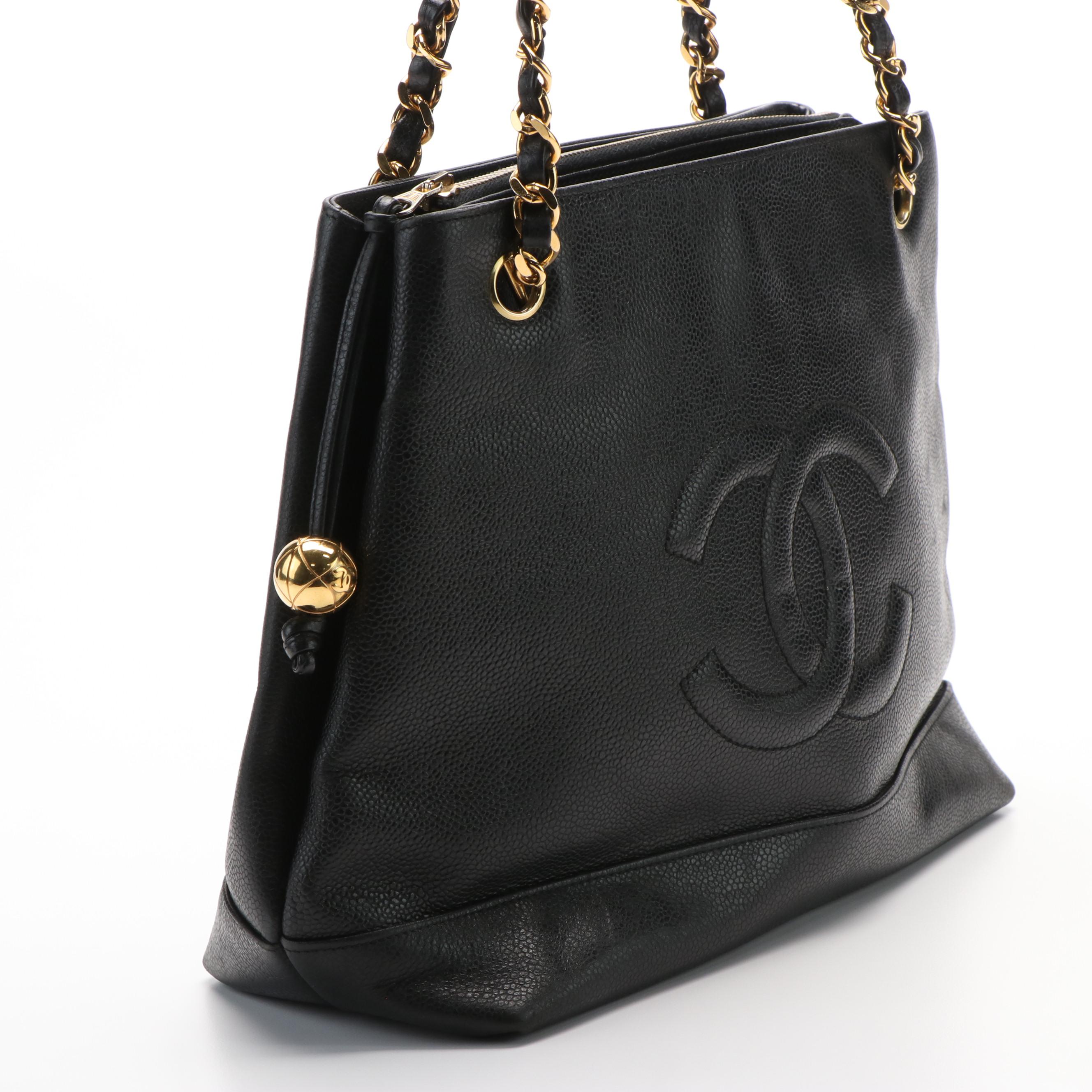 Chanel CC Black Cavier Leather Chain Tote Bag