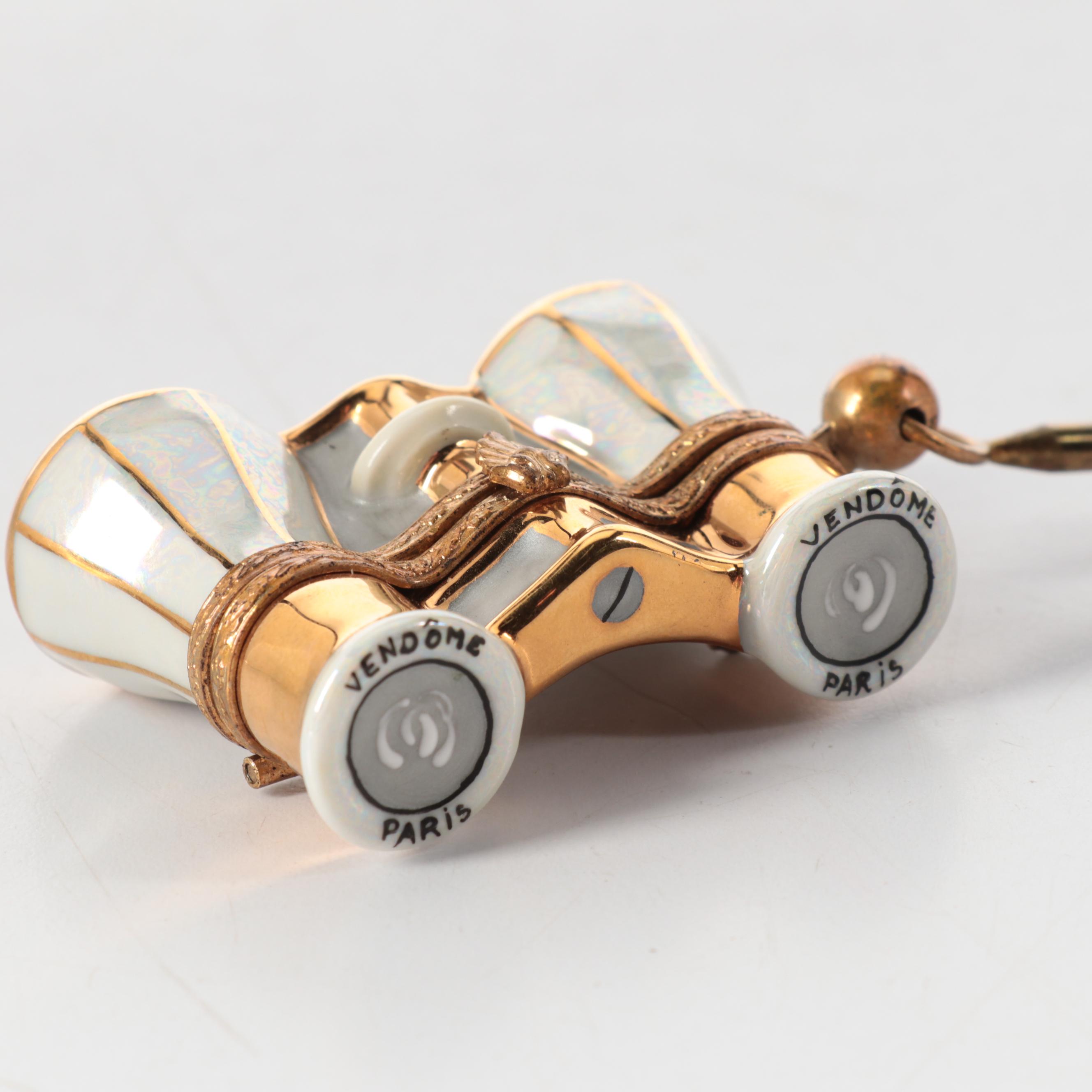 Limoges Opera Glasses and "Japanese Bridge" Theme Porcelain Boxes with Gilt Box