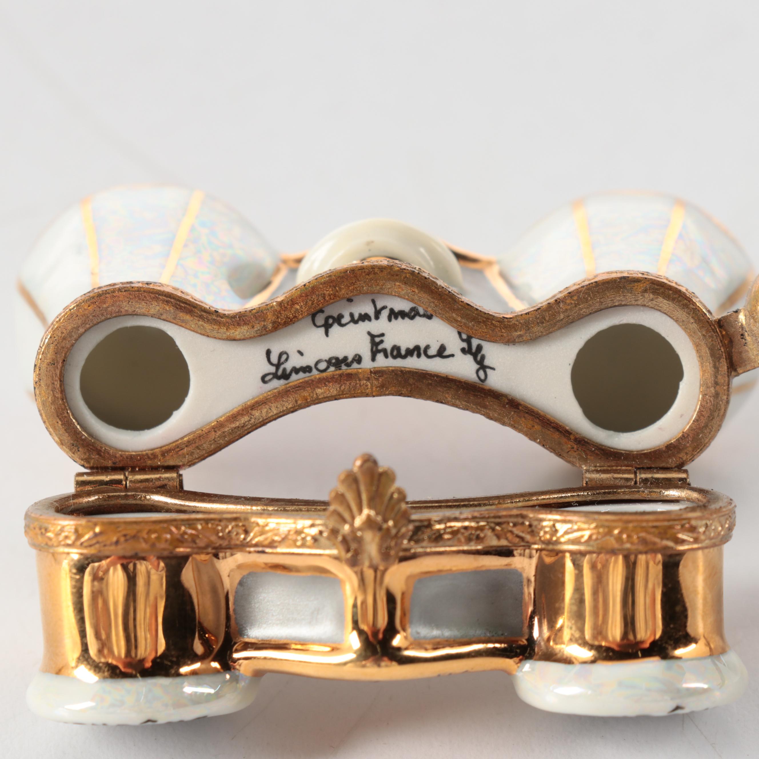 Limoges Opera Glasses and "Japanese Bridge" Theme Porcelain Boxes with Gilt Box