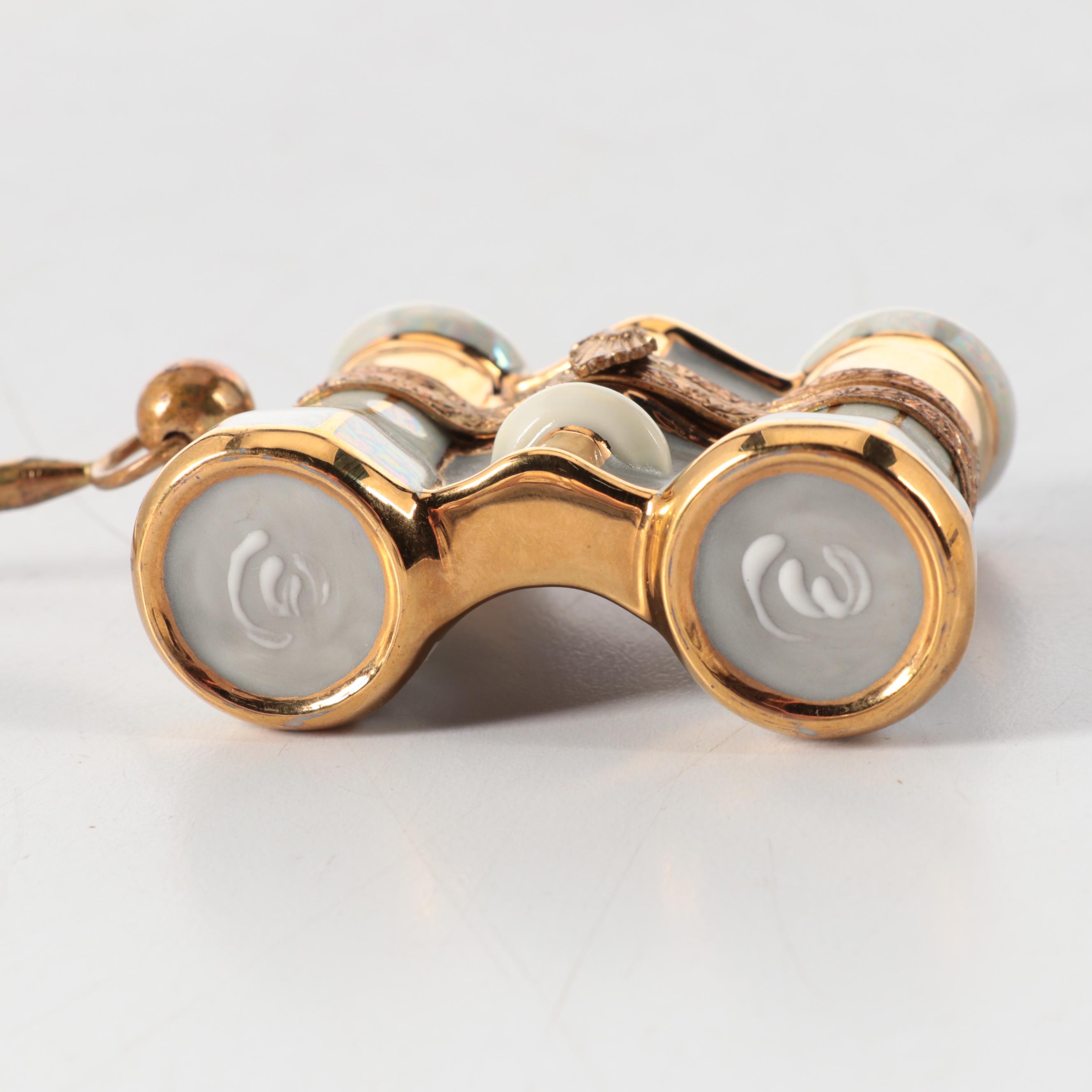 Limoges Opera Glasses and "Japanese Bridge" Theme Porcelain Boxes with Gilt Box