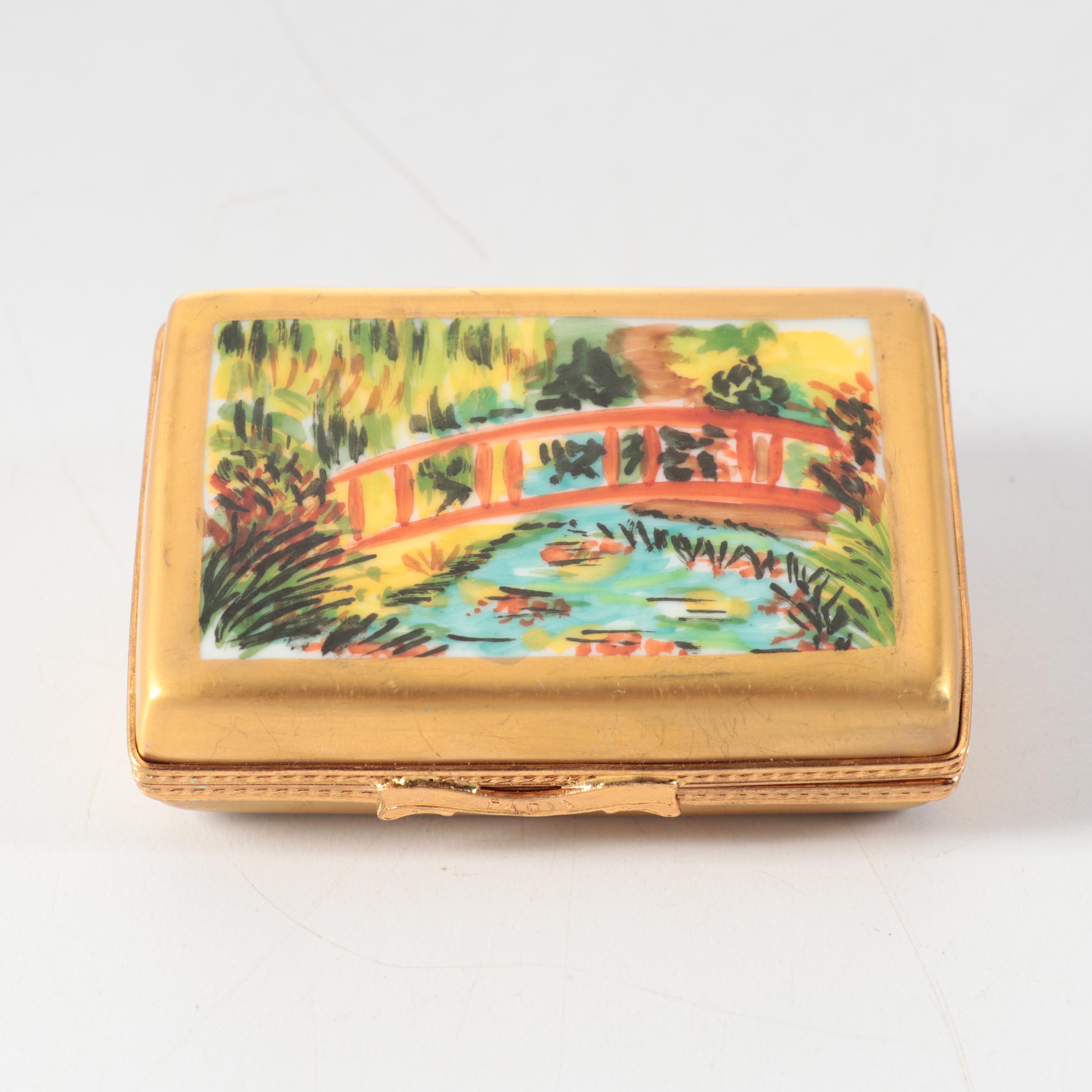 Limoges Opera Glasses and "Japanese Bridge" Theme Porcelain Boxes with Gilt Box