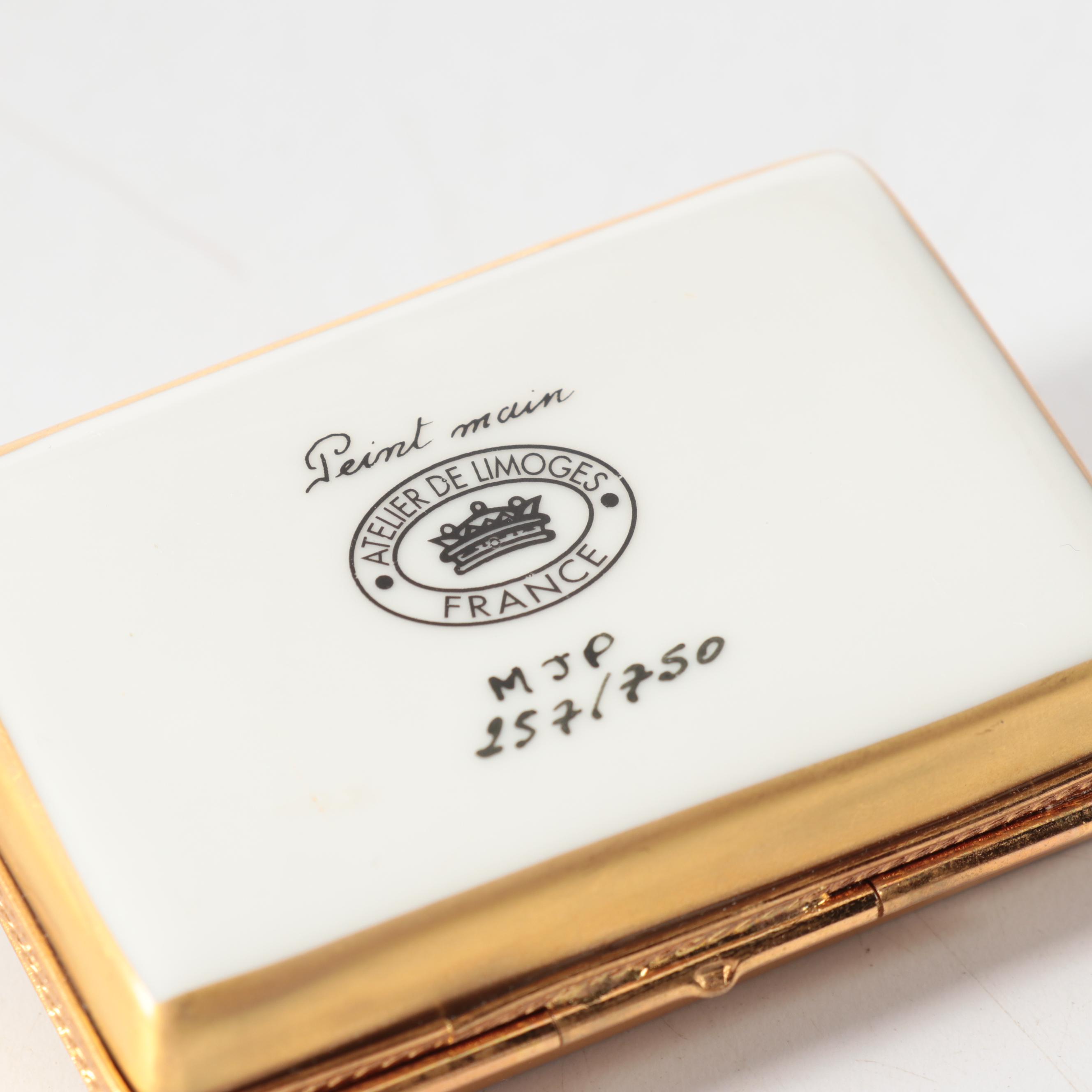 Limoges Opera Glasses and "Japanese Bridge" Theme Porcelain Boxes with Gilt Box