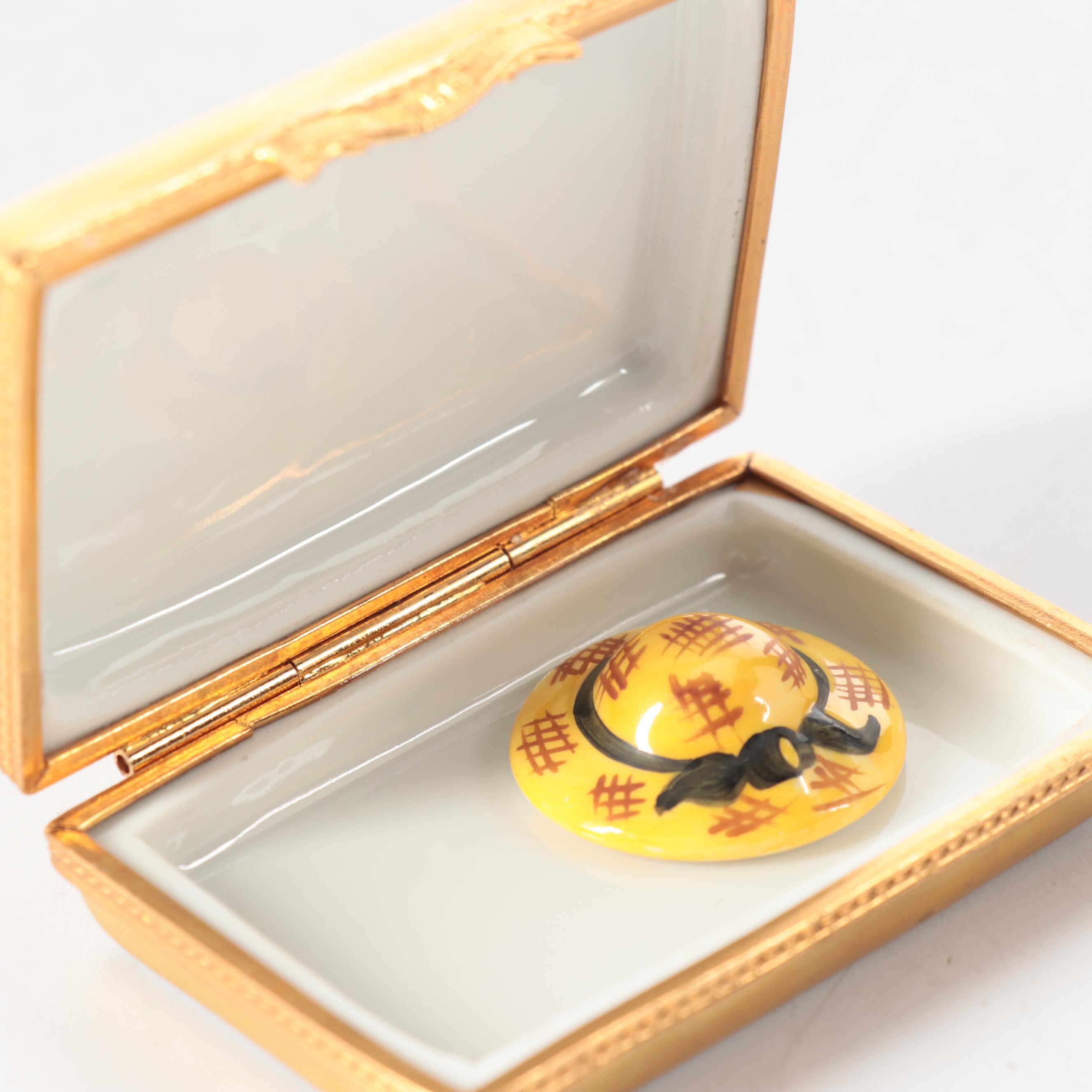 Limoges Opera Glasses and "Japanese Bridge" Theme Porcelain Boxes with Gilt Box