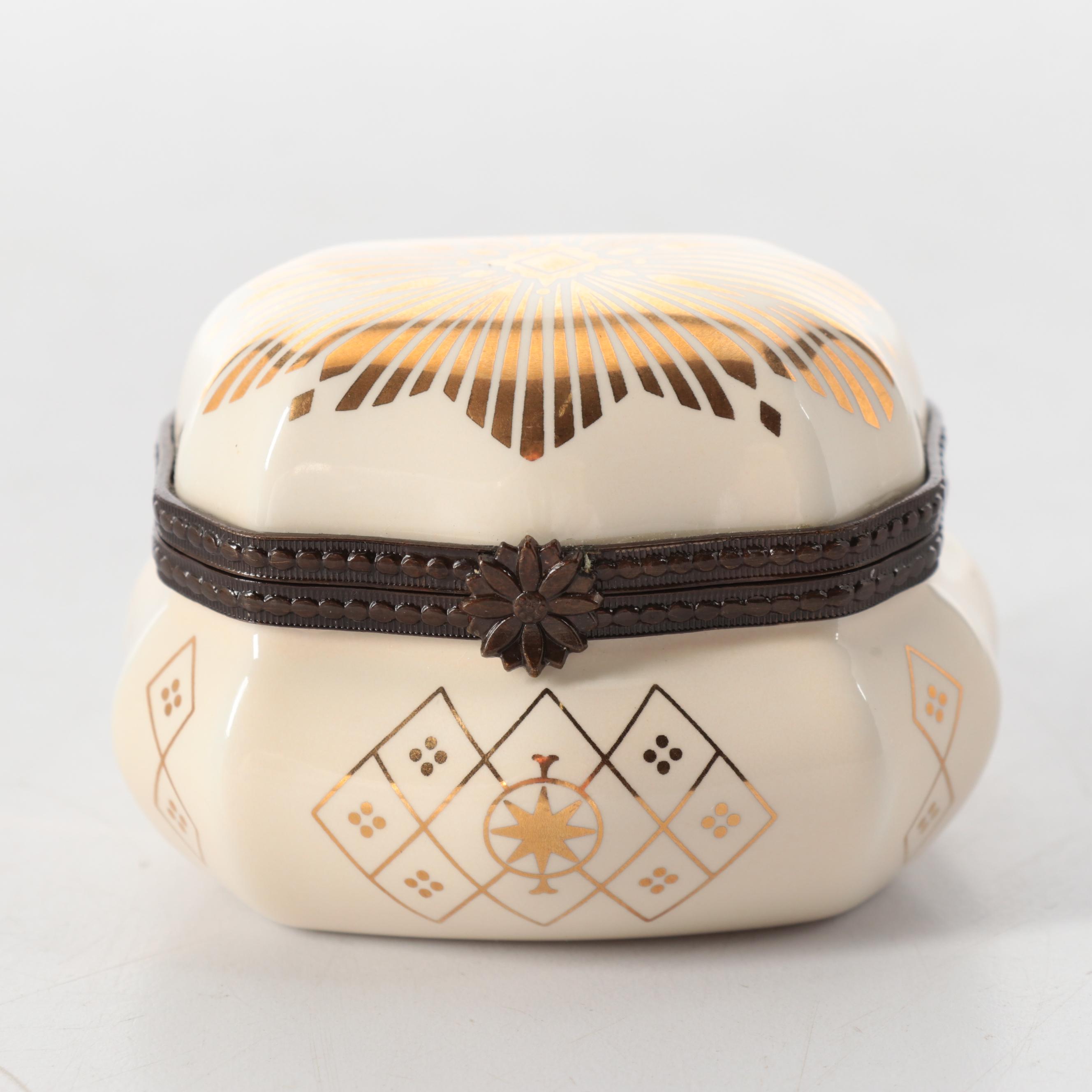 Limoges Opera Glasses and "Japanese Bridge" Theme Porcelain Boxes with Gilt Box