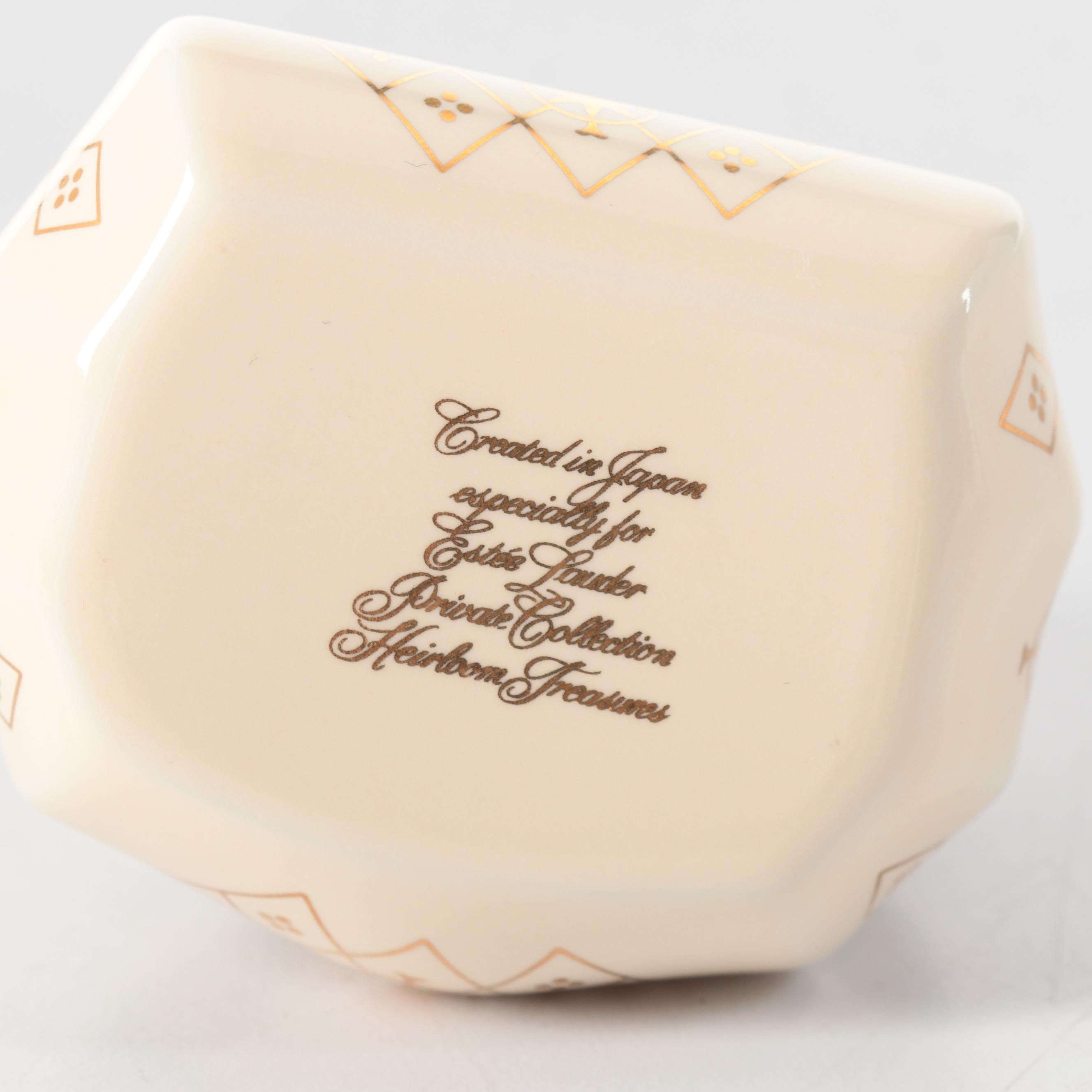 Limoges Opera Glasses and "Japanese Bridge" Theme Porcelain Boxes with Gilt Box