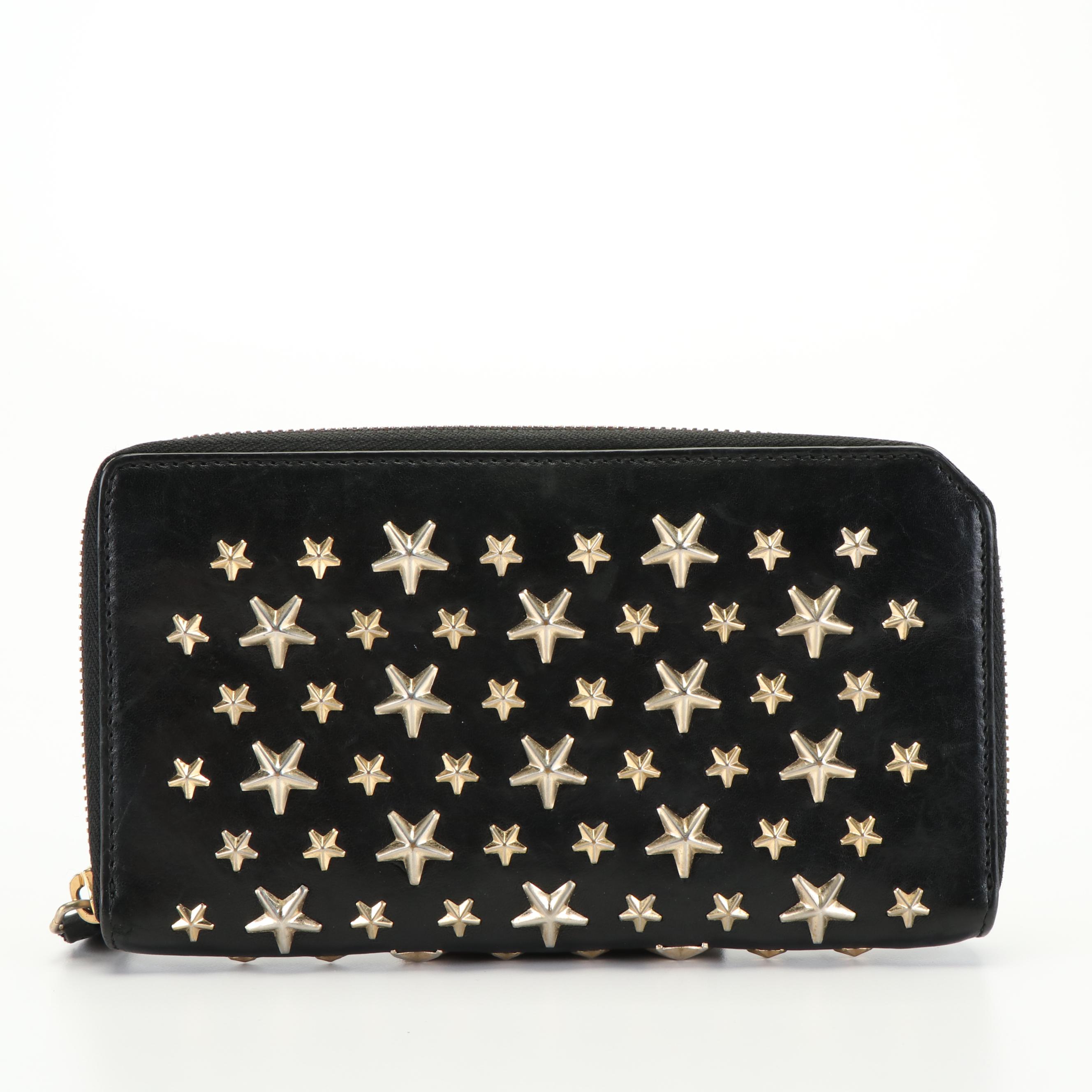 Jimmy Choo Star Studded Black Leather Zip Around Wallet