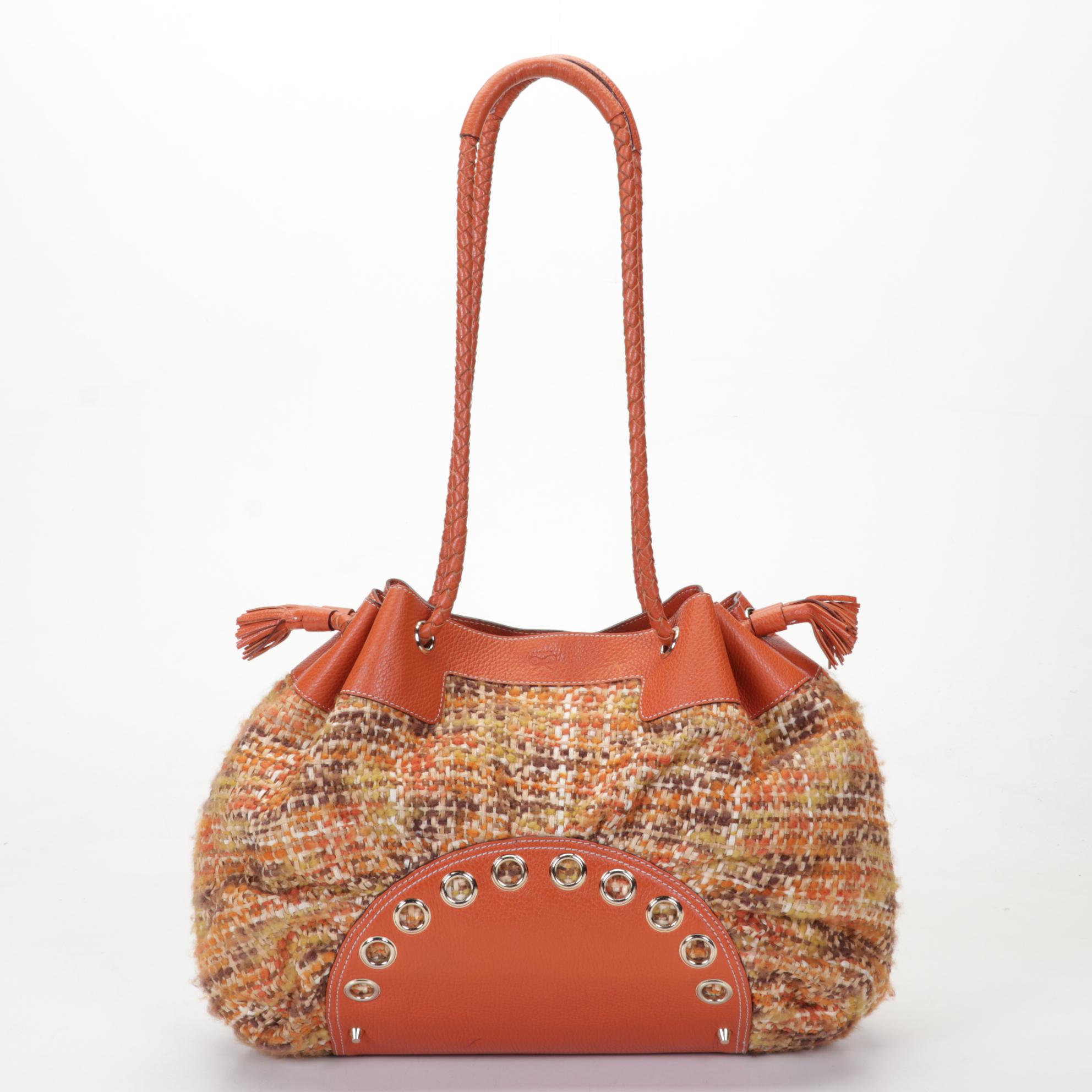 Anya Hindmarch Orange and Tweed Raffia Shoulder Bag with Gold Tone Hardware