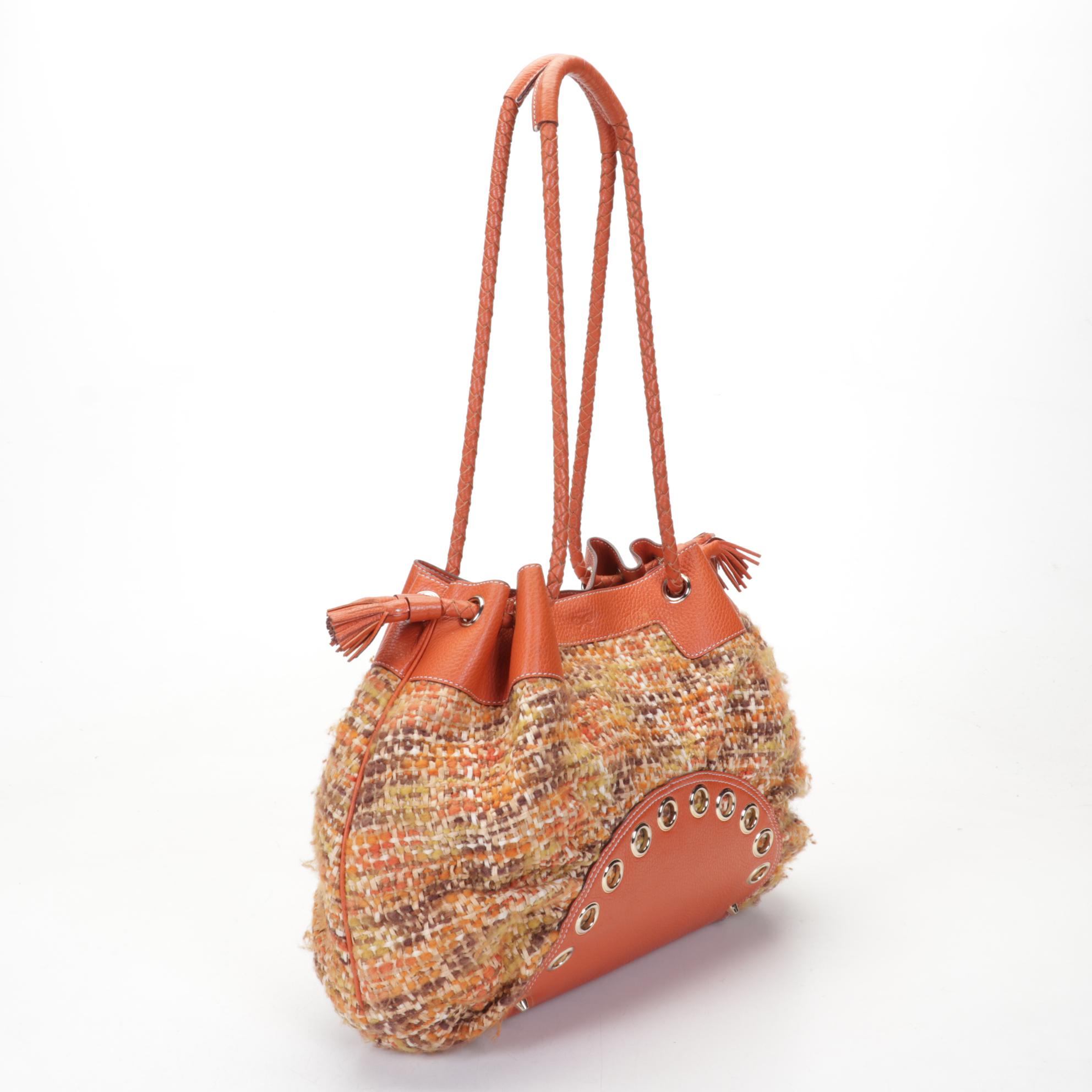 Anya Hindmarch Orange and Tweed Raffia Shoulder Bag with Gold Tone Hardware