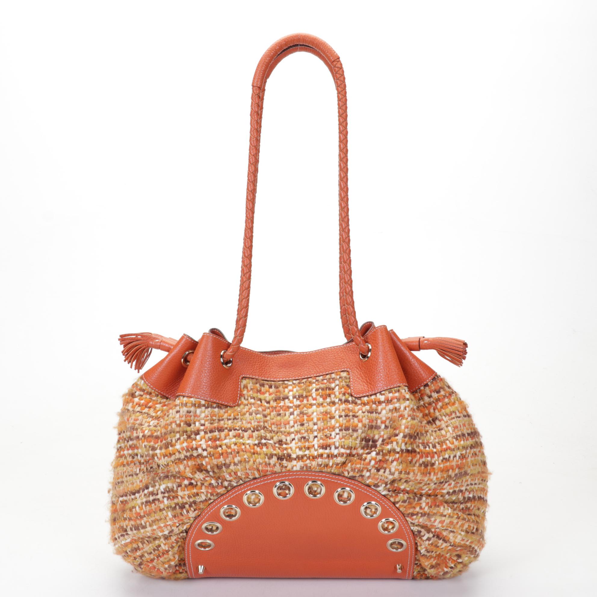 Anya Hindmarch Orange and Tweed Raffia Shoulder Bag with Gold Tone Hardware