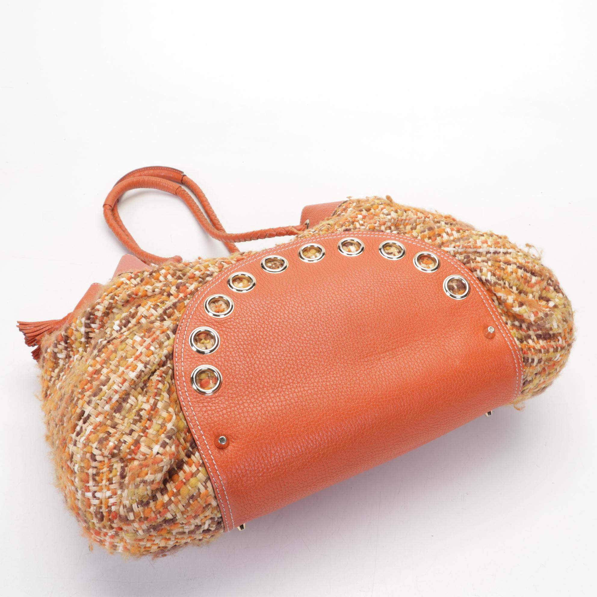 Anya Hindmarch Orange and Tweed Raffia Shoulder Bag with Gold Tone Hardware