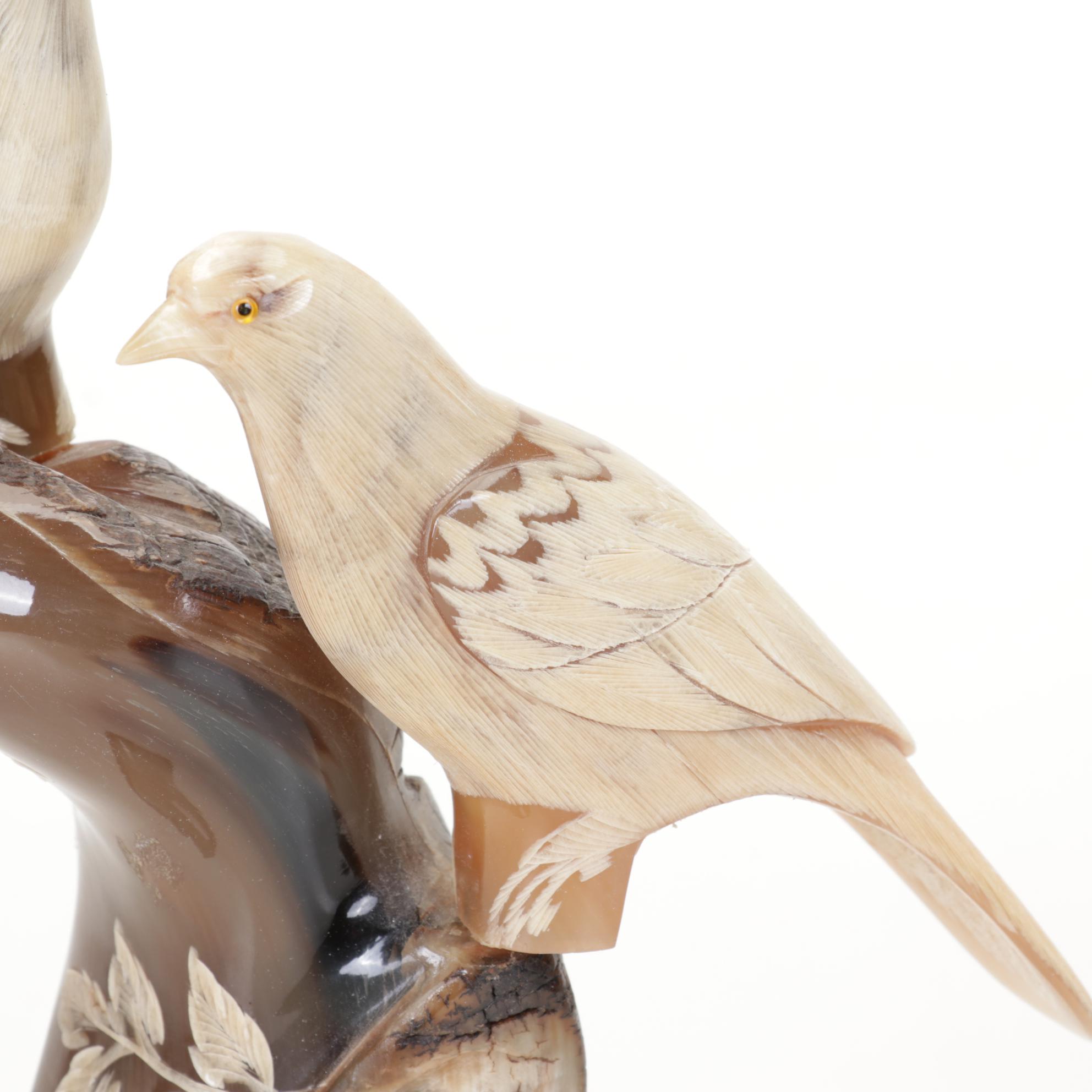 Hand-Carved Horn Tree Branch with Pair of Birds Mounted on Wood