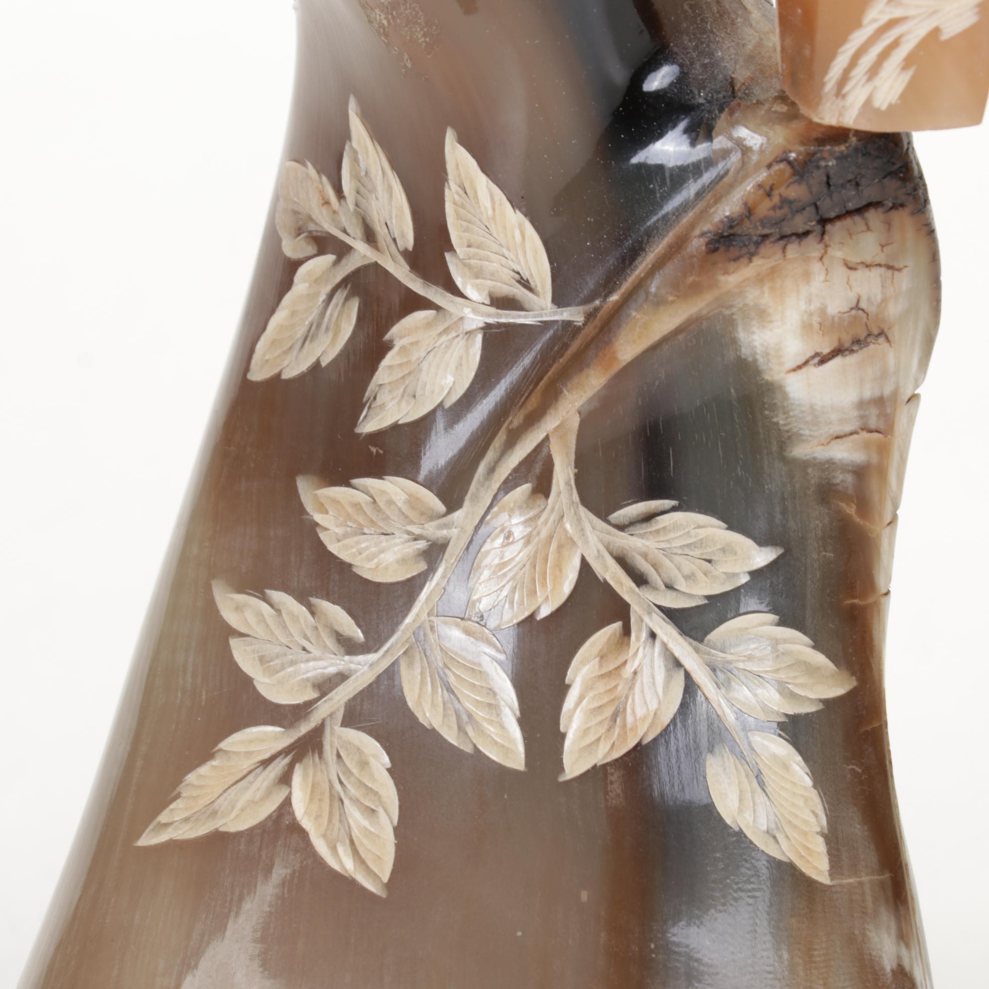 Hand-Carved Horn Tree Branch with Pair of Birds Mounted on Wood