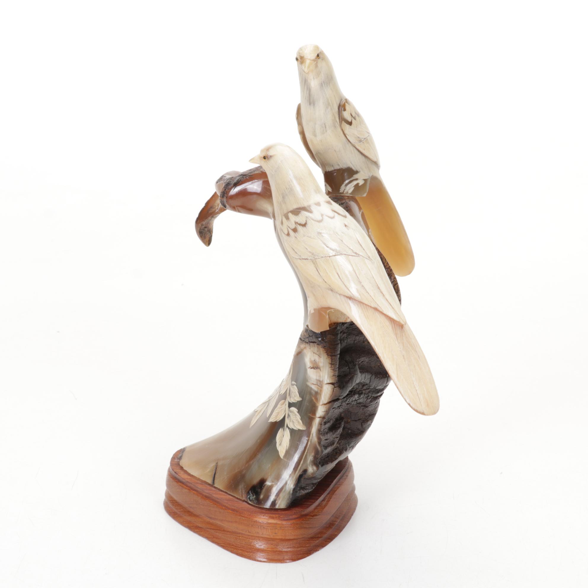 Hand-Carved Horn Tree Branch with Pair of Birds Mounted on Wood