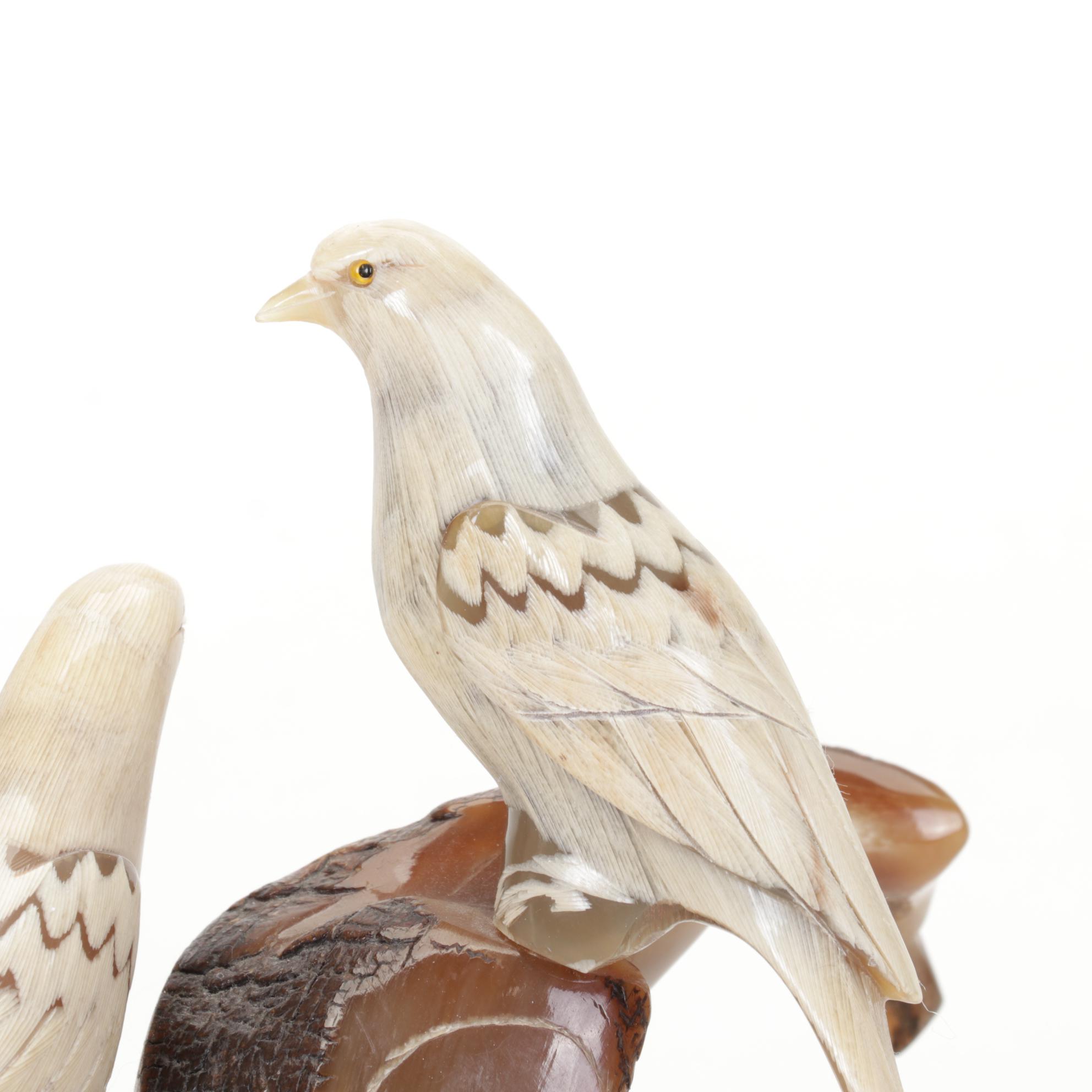 Hand-Carved Horn Tree Branch with Pair of Birds Mounted on Wood