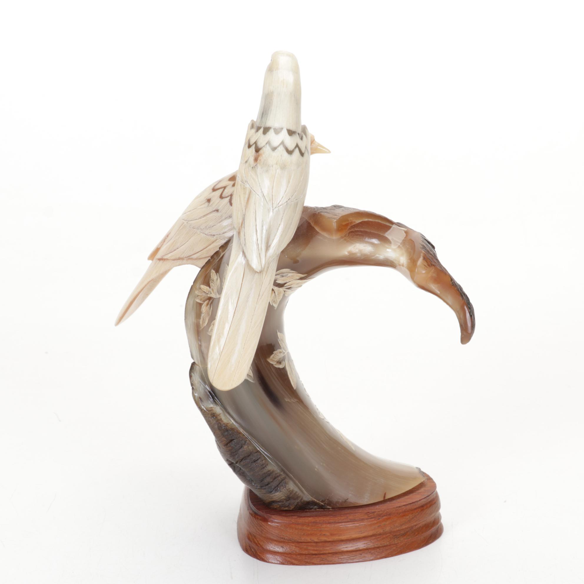 Hand-Carved Horn Tree Branch with Pair of Birds Mounted on Wood