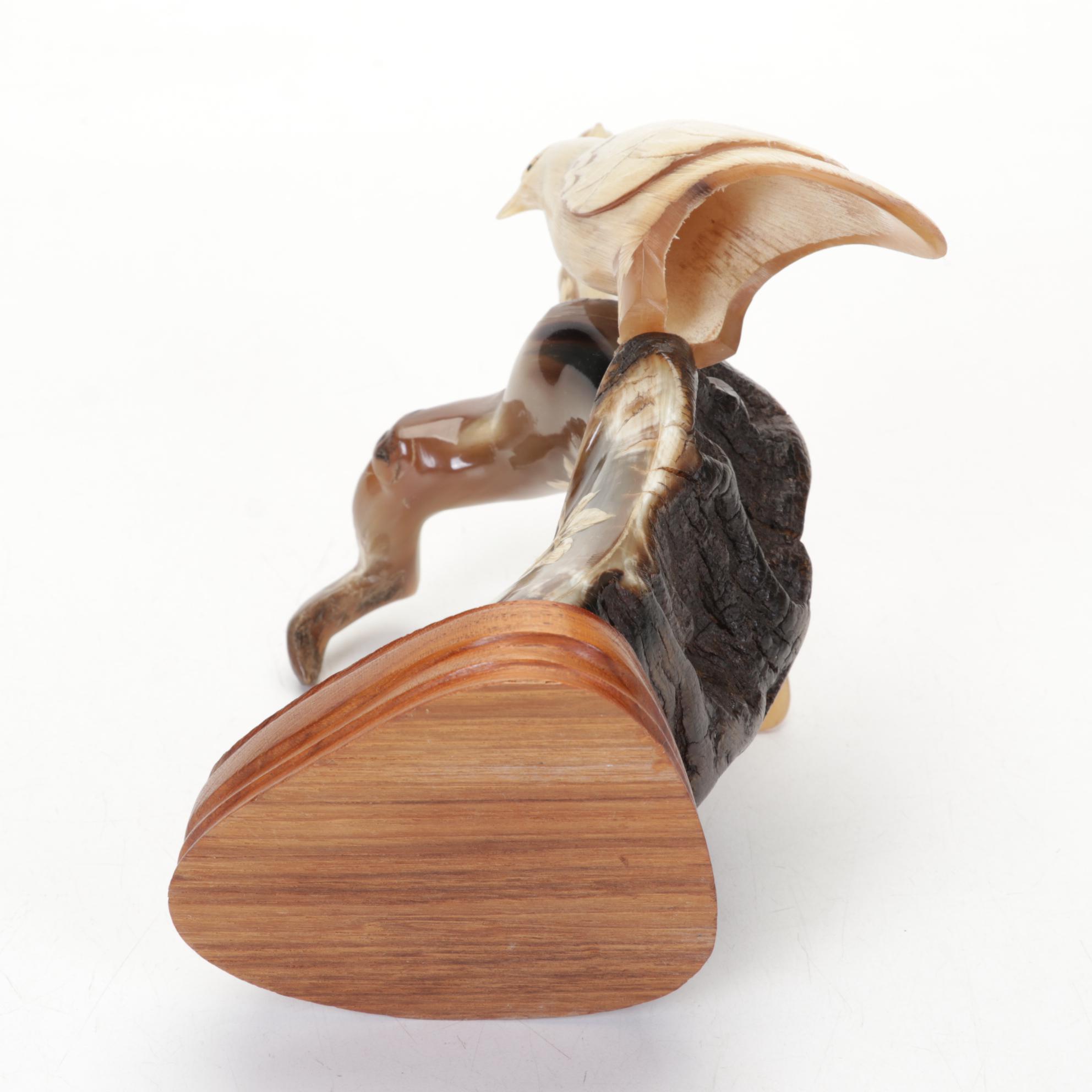 Hand-Carved Horn Tree Branch with Pair of Birds Mounted on Wood