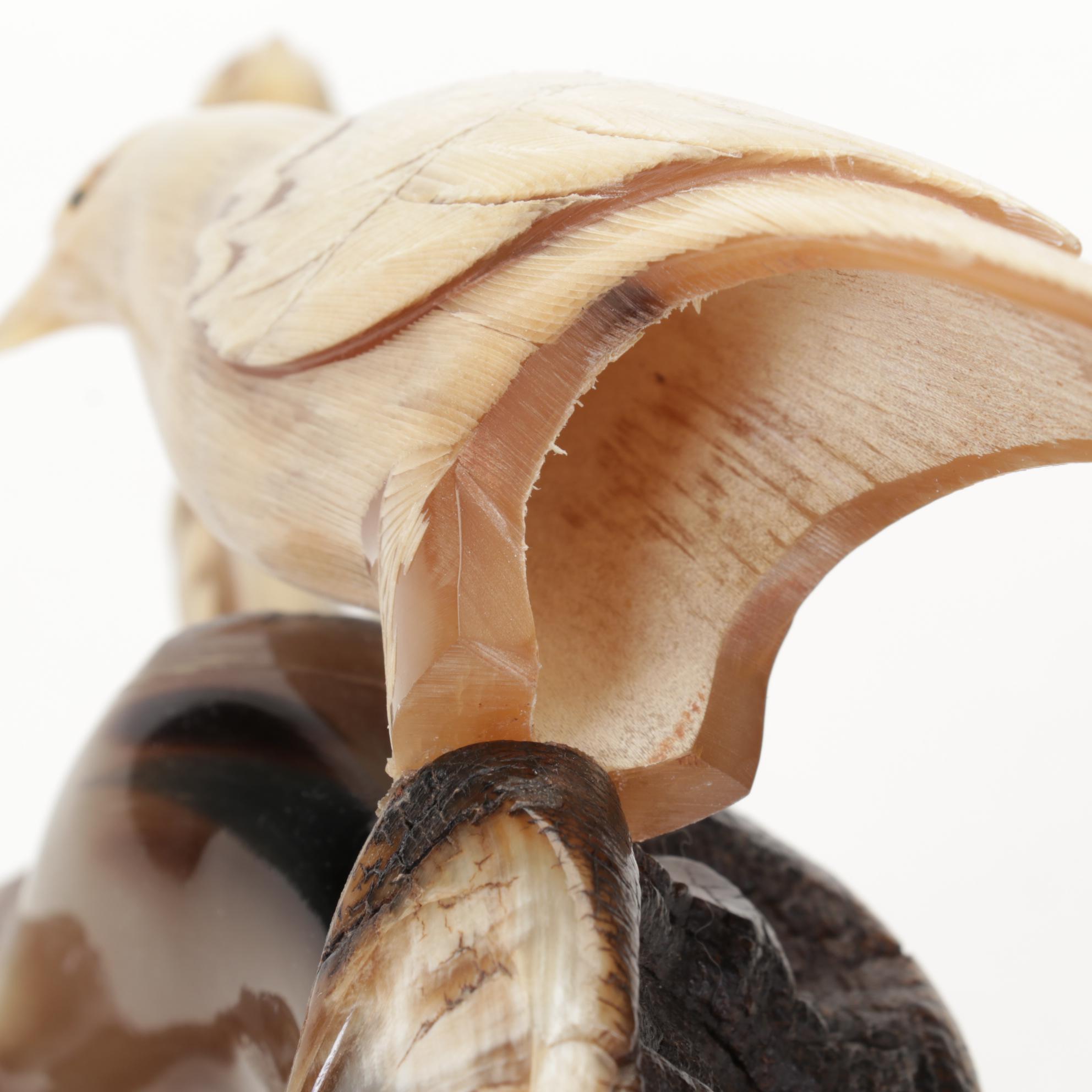 Hand-Carved Horn Tree Branch with Pair of Birds Mounted on Wood