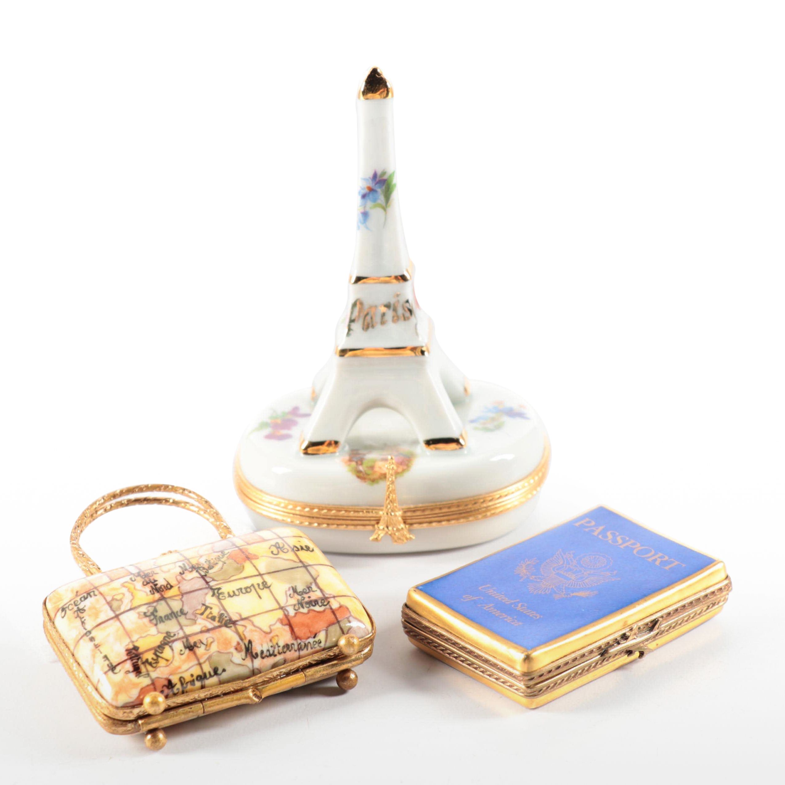 Travel Motif Luggage, Passport and Eiffel Tower Motif Limoges Boxes
