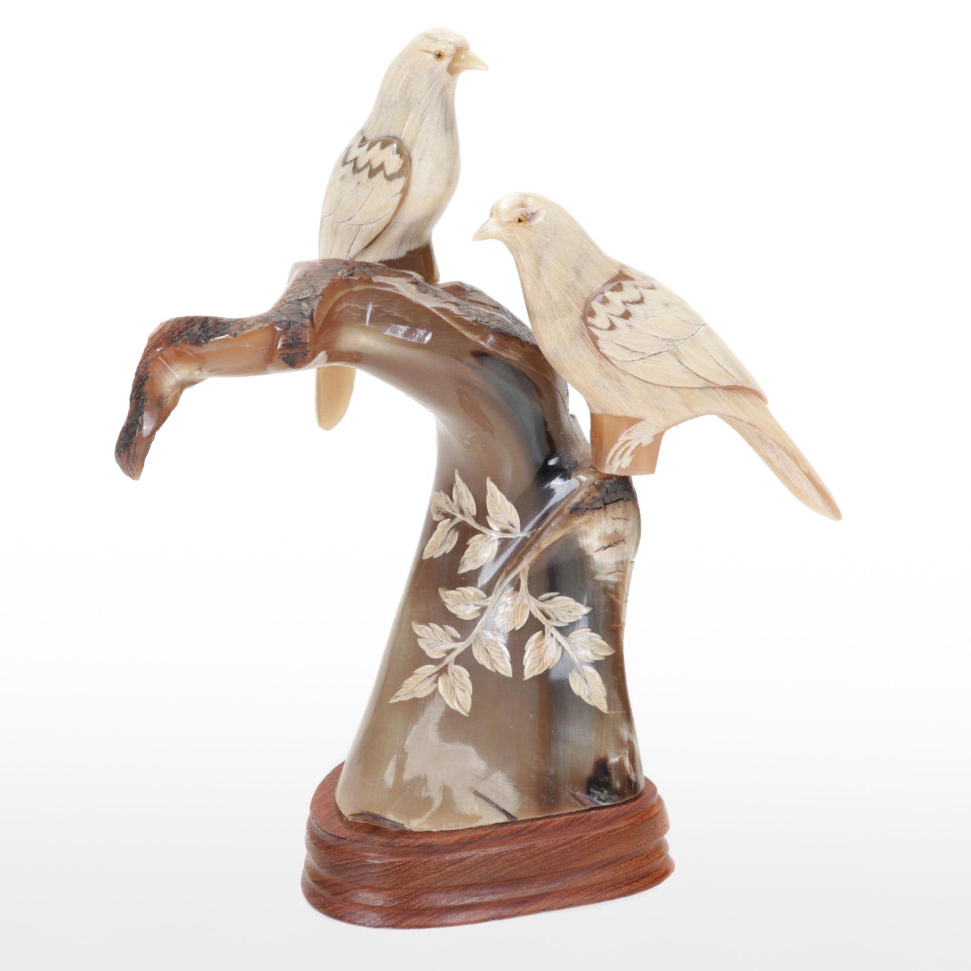 Hand-Carved Horn Tree Branch with Pair of Birds Mounted on Wood