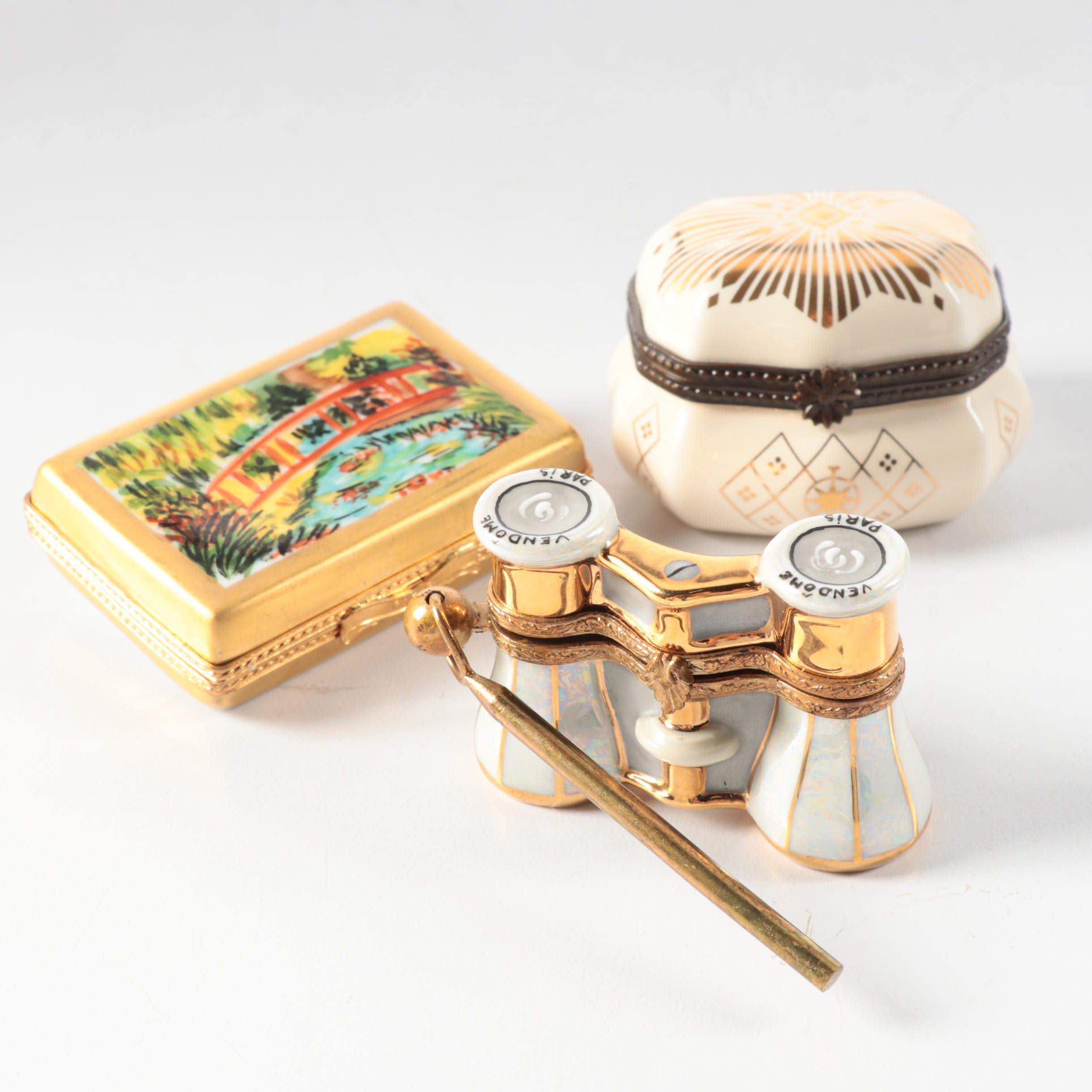 Limoges Opera Glasses and "Japanese Bridge" Theme Porcelain Boxes with Gilt Box