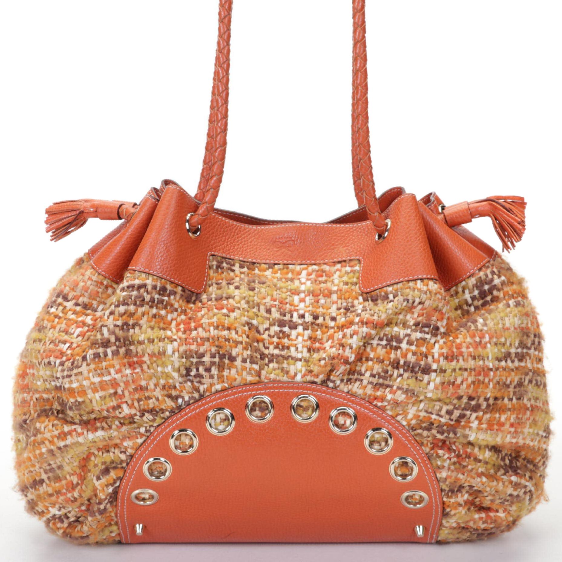 Anya Hindmarch Orange and Tweed Raffia Shoulder Bag with Gold Tone Hardware