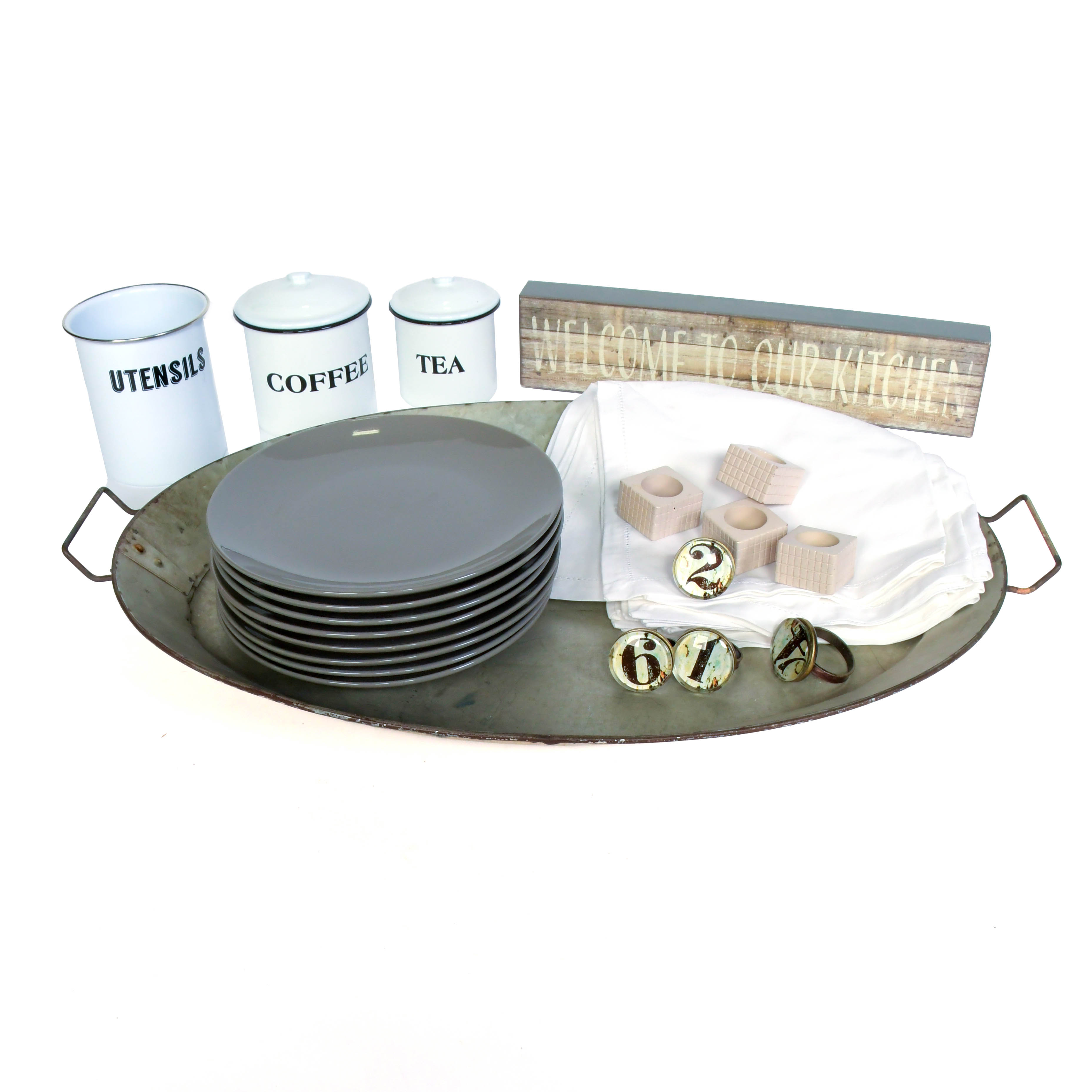 "Welcome to Our Kitchen" Sign with Canisters and Other Kitchenware