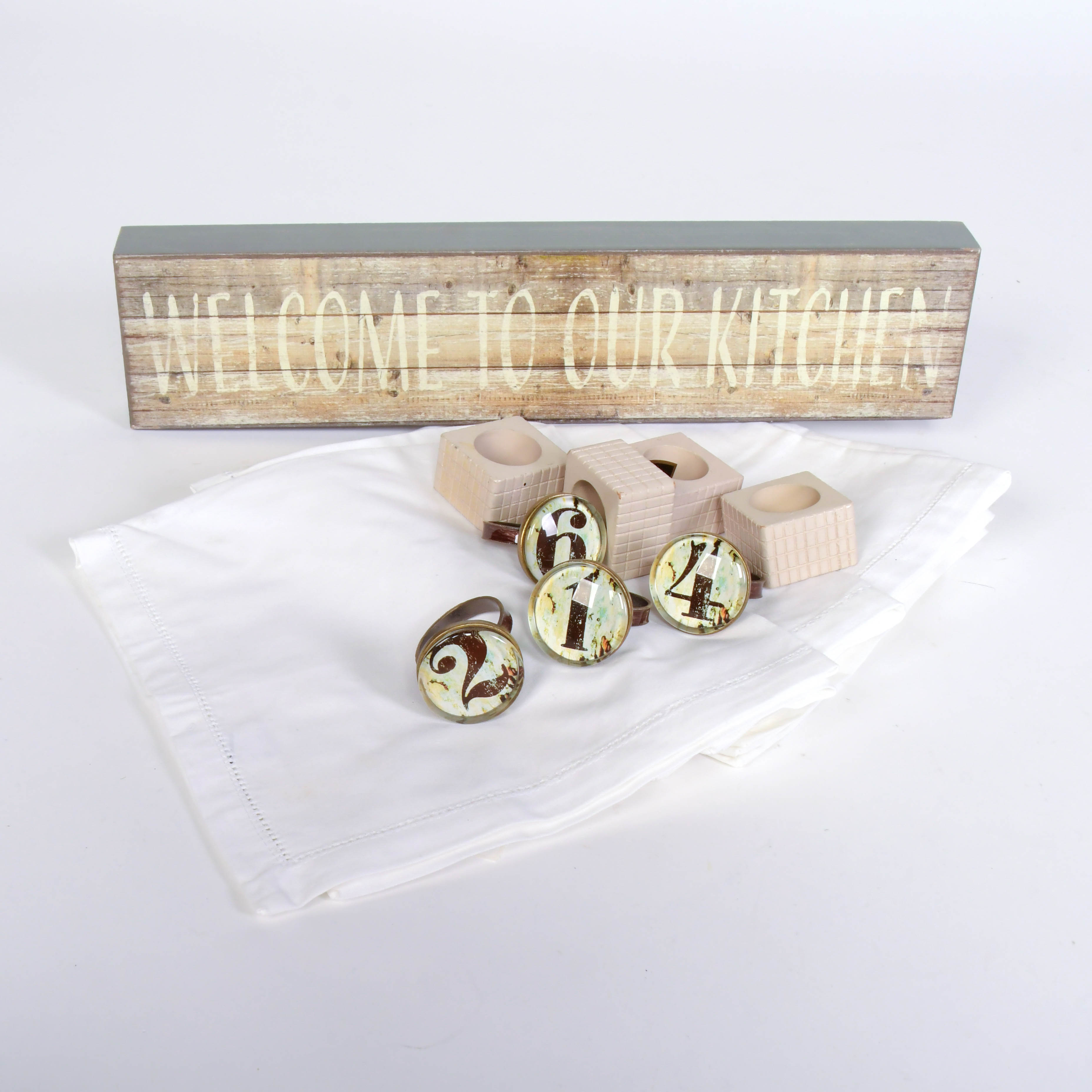 "Welcome to Our Kitchen" Sign with Canisters and Other Kitchenware