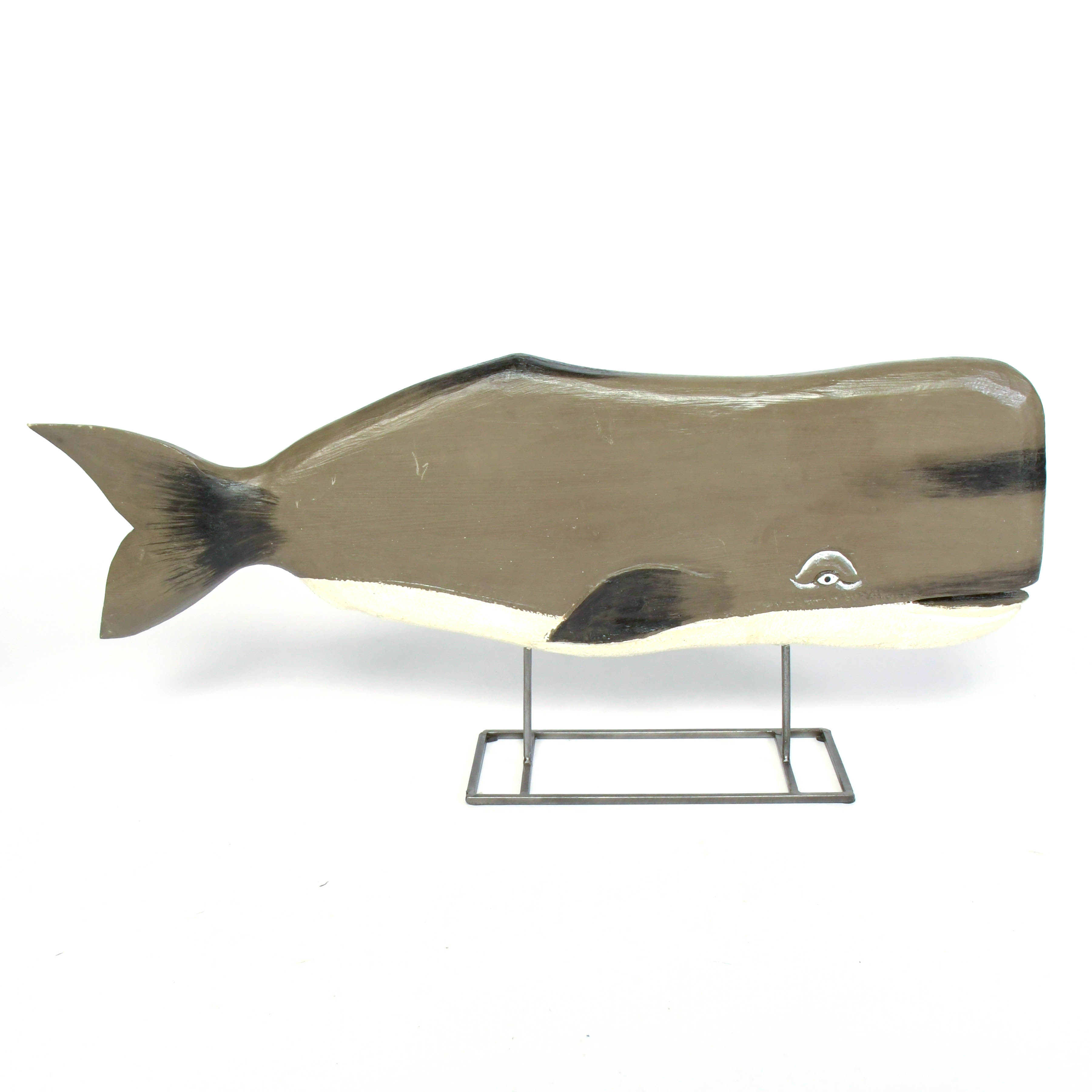 Folk Art Carved Wooden Whale on Metal Stand and Decorative Pier Markers
