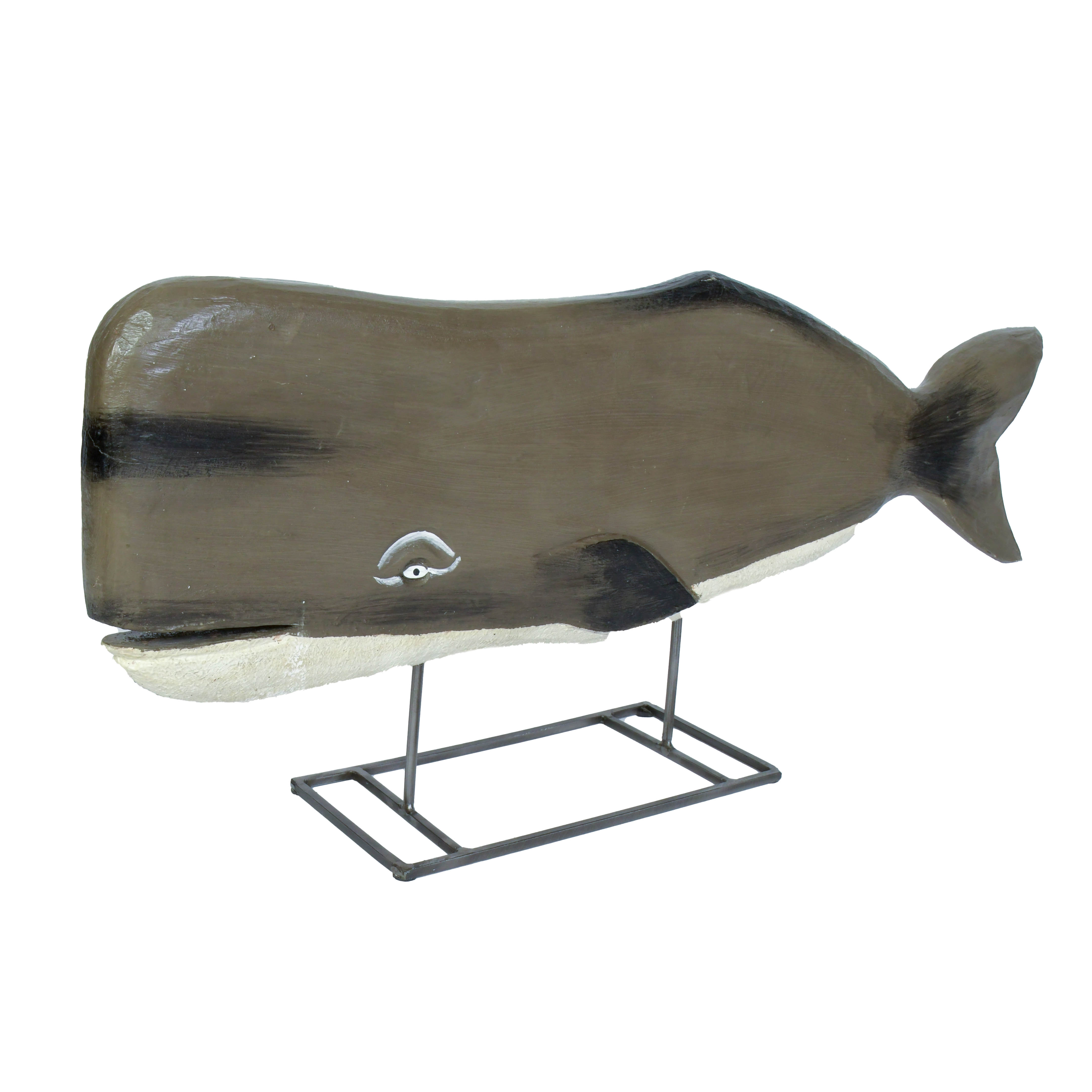 Folk Art Carved Wooden Whale on Metal Stand and Decorative Pier Markers