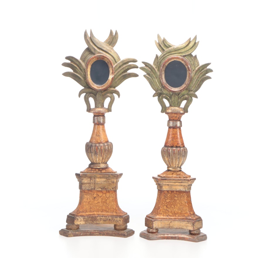 Pair of Continental Carved, Painted and Gilt Reliquaries, Adapted as Mirrors