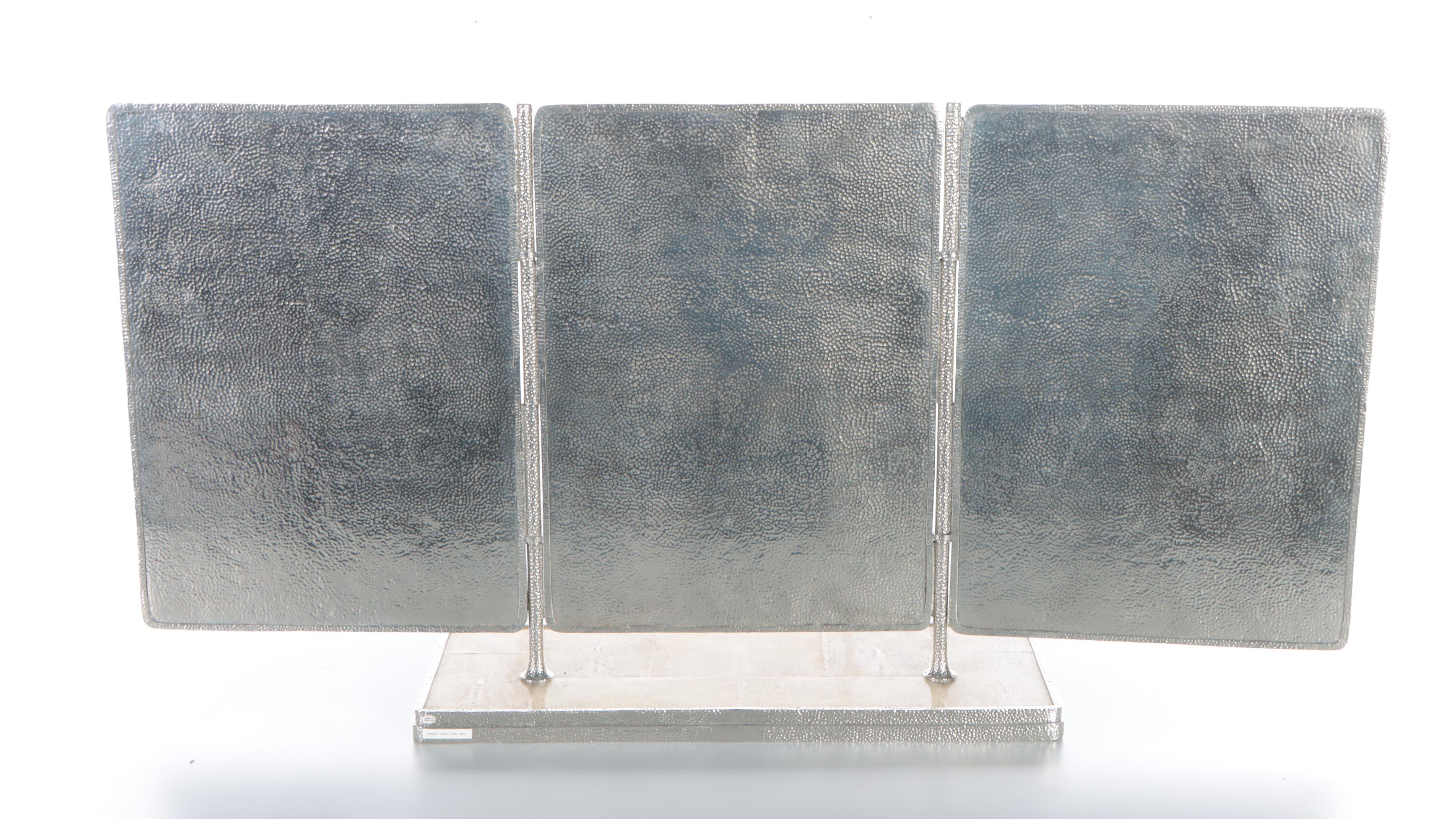 Hammered Metalwork and Faux Shagreen Folding Vanity Mirror